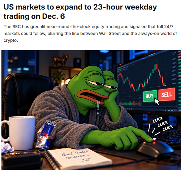 Barchart's tweet photo. U.S. Markets to begin trading 23 hours a day, Monday-Friday, beginning on December 6 🚨 A 1-hour break will be given so that we can all eat, perfect! 🥳 https://t.co/ONsYcbM19D