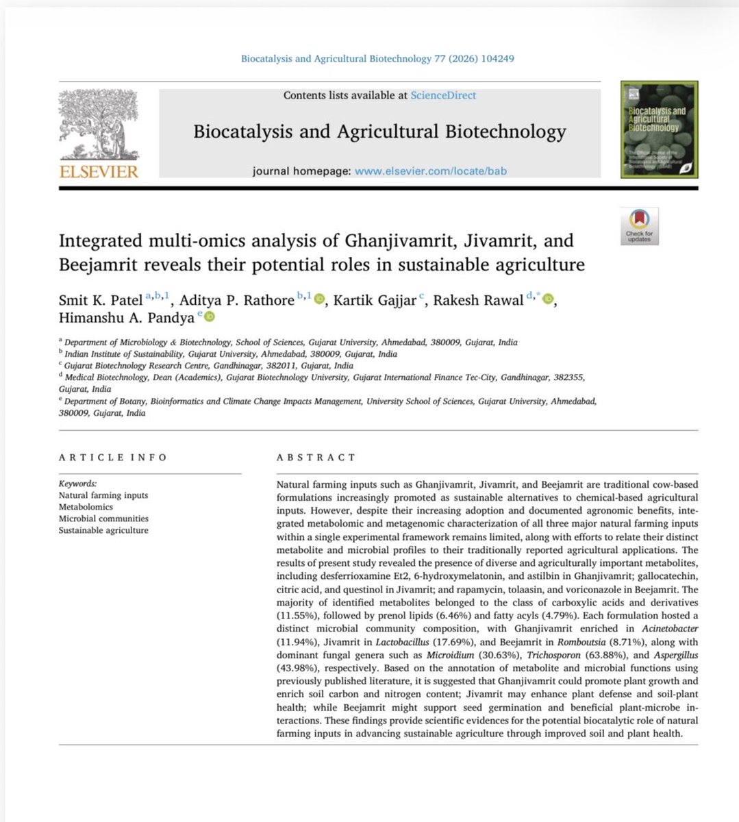 patelsmit12_04's tweet photo. 🌱 New research published in Biocatalysis and Agricultural Biotechnology!
Our study uses multi-omics to explore Ghanjivamrit, Jivamrit & Beejamrit and their potential in sustainable agriculture. 🌾
#NaturalFarming #SustainableAgriculture #AgriculturalBiotechnology
#multiomics https://t.co/DAjIK55oET