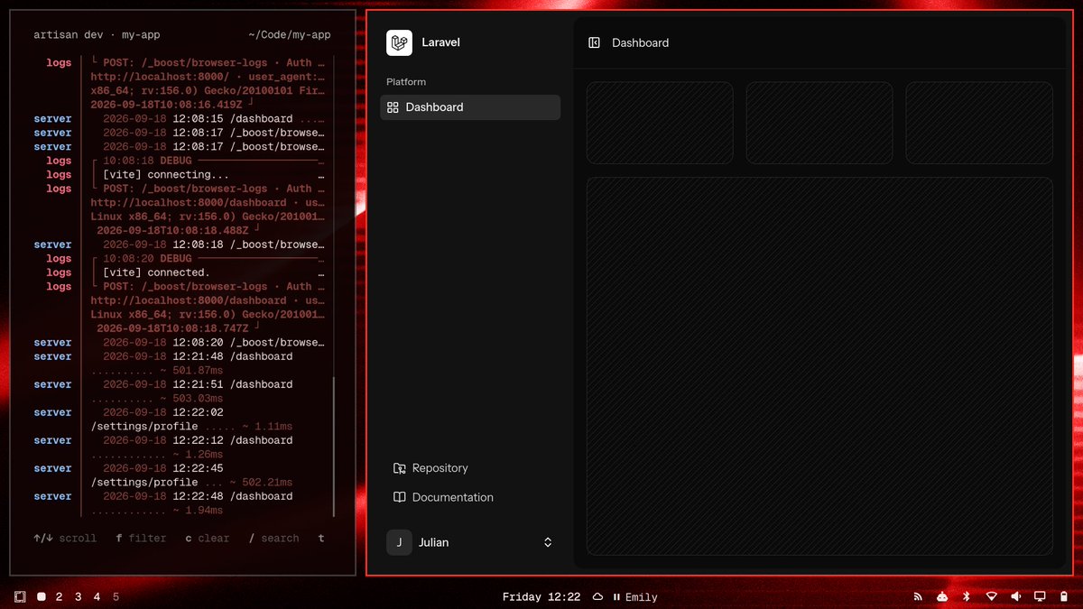 julian_center's tweet photo. Laravel on Omarchy is pretty fun!

Made a custom theme with a beautiful wallpaper by @jrmymbtlr 🤌🏻 https://t.co/dzFYgbBmQE