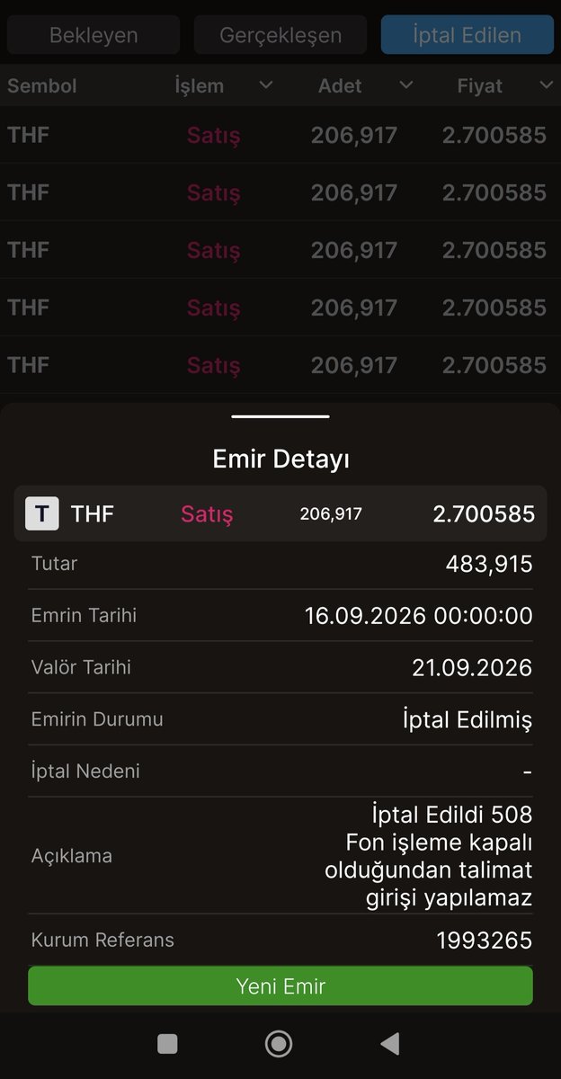 ataberkinvest's tweet photo. SPK ve ilgili kurumlara açık çağrımdır:

17 Eylül saat 13.30 öncesinde, hatta 16 Eylül akşamından itibaren THF ve DOH için verdiğim çok sayıda satış emri bulunuyor.

Bugün açıklanan tasfiye esaslarında 17 Eylül 13.30'dan sonra verilen iade talimatlarının tasfiye kapsamında değerlendirileceği; TEFAS üzerinden verilen ve gerçekleşmeyen satış talimatlarının ise oluşan tutarın öncelikli olarak ödenmesine ilişkin düzenleme yapıldığı görülüyor.

Ayrıca Tera Portföy'ün KAP açıklamasında da yeni uygulamanın açıkça 17 Eylül 2026 saat 13.30'dan itibaren iletilecek satış talimatları için geçerli olduğu belirtilmiş.

Fakat benim asıl sorunum şu:

16 Eylül akşamı ve 17 Eylül 13.30 öncesinde verdiğim satış emirleri neden MKK'ya/TEFAS'a yansımadı?

Emirlerim sonradan "iptal" statüsüne düşmüş durumda.

Eğer yatırımcı emrini zamanında verdiyse fakat emir aracı kurum tarafından TEFAS'a iletilmeden iptal edildiyse, yatırımcının bundan doğan mağduriyeti nasıl giderilecek?

Çünkü burada yatırımcının kendi isteğiyle satış emrini iptal etmesiyle, aracı kurumun/teknik sistemin emri TEFAS'a iletmemesi veya sonradan iptal etmesi aynı şey değildir.

Bu nedenle Midas, Tera Trader ve diğer aracı kurumlardan açık ve şeffaf şekilde şu bilgilerin açıklanmasını istiyoruz:

1️⃣ Emrin verildiği kesin tarih ve saat
2️⃣ Emrin TEFAS'a iletilip iletilmediği
3️⃣ MKK'ya neden yansımadığı
4️⃣ Emrin kim tarafından ve hangi saatte iptal edildiği
5️⃣ İptal gerekçesi
6️⃣ 17 Eylül 13.30 öncesinde verilen ancak sisteme/TEFAS'a aktarılmayan emirlerin tasfiye kapsamında hangi statüde değerlendirileceği

Bu konu binlerce yatırımcının parasını doğrudan ilgilendiriyor.

SPK'dan beklentimiz, sadece fonların tasfiye sürecini yönetmek değil; 13.30 öncesinde satış talimatı verdiğini belgeleyebilen ancak emri aracı kurum/sistem kaynaklı nedenlerle gerçekleşmeyen yatırımcıların haklarının da açıkça korunmasıdır.

Çünkü yatırımcı emrini zamanında verdiyse, sırf emir aracı kurum tarafından sisteme zamanında aktarılmadı diye aynı yatırımcının tasfiye sürecinde daha geriye düşmesi kabul edilebilir mi?

Emir kayıtları, işlem logları ve MKK/TEFAS kayıtları incelensin.

Eğer aracı kurum kaynaklı bir işlem/iletişim problemi varsa, bunun sonucunda oluşacak zarar yatırımcının üzerine bırakılmamalıdır.

Bu konuda SPK'dan acilen açık bir düzenleme ve kamuoyunu tatmin edecek netlikte açıklama bekliyoruz.

@spkgovtr @MerkeziKayitTur @Takasbank @terayatirim @midasdestek

#THF #DOH #Tera #Midas #TEFAS #MKK #SPK