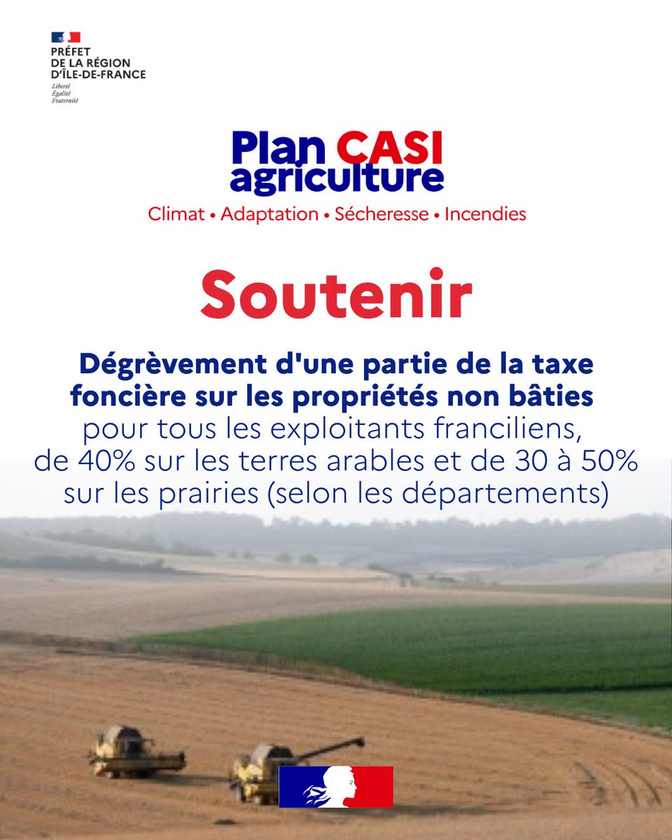 Plan CASI agriculture
Climat - Adaptation - Sécheresse - Incendies
Soutenir
Dégrèvement d'une partie de la taxe foncière sur les propriétés non bâties pour toud les exploitants franciliens de 40% sur les terres arables et de 30% à 50% sur les prairies (selon les départements)