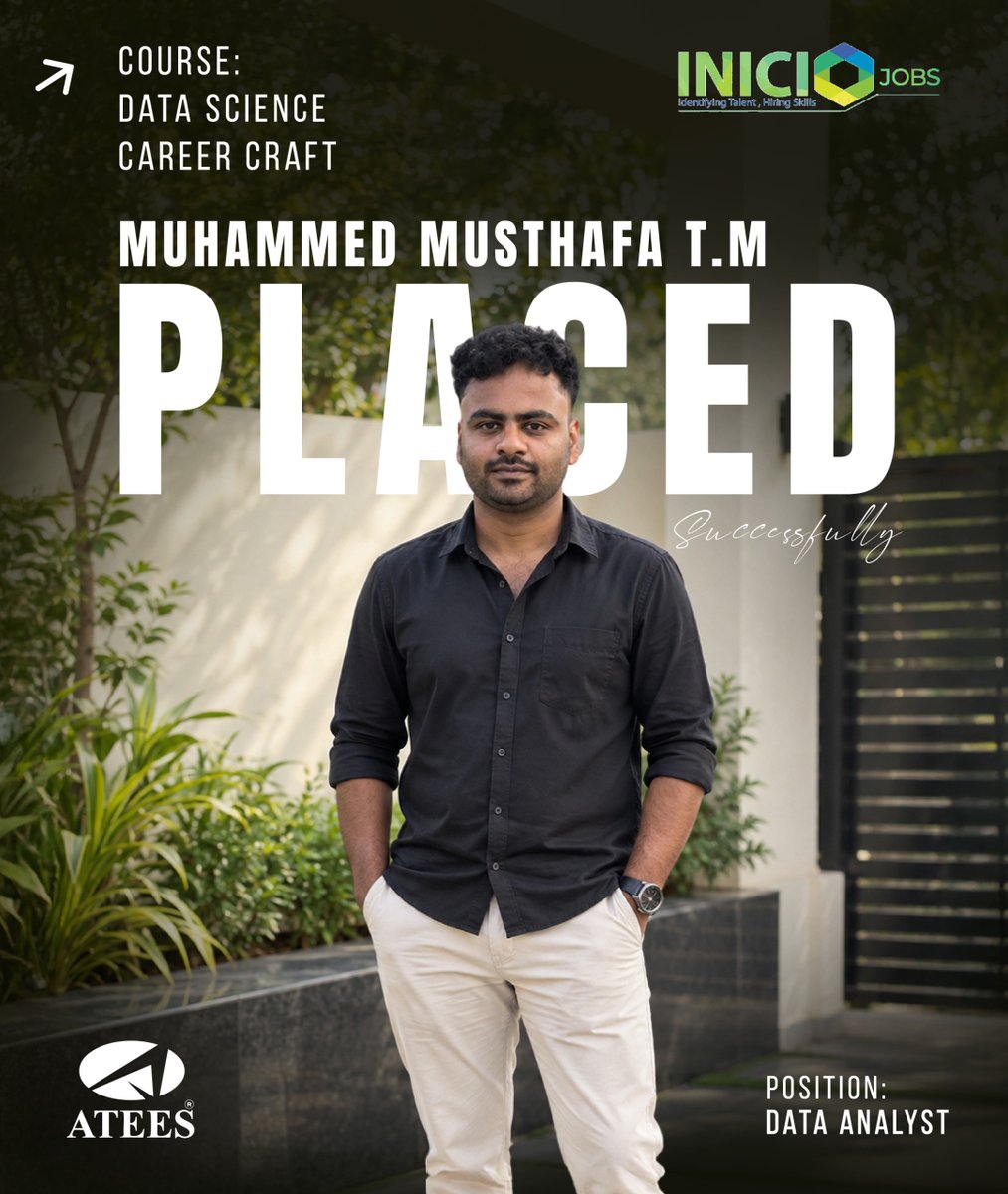 inicioJobs's tweet photo. Congratulations to Muhammed Musthafa T.M on successfully securing a position as a Data Analyst after completing the Data Science Career Craft program. ππ»
#ATEES #INICIOJobs #DataScience #DataScienceCareerCraft https://t.co/8hXPqtBfPu