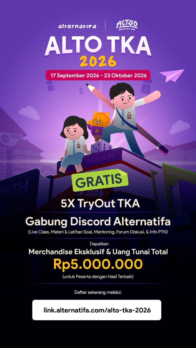 alsastudyy's tweet photo. 📢 TRYOUT TKA GRATIS 2026 RESMI DIBUKA

ALTO TKA 2026 hadir sebagai program persiapan TKA yang GRATIS dengan berbagai benefit menarik untuk para agitt. 🫶🏻

📅 Pendaftaran : 17 September–23 Oktober 2026
Gunakan kode: ALT-ALTERIAN2027
🖇️: https://t.co/GVCmgfXO4I

#tka #snbp #agit https://t.co/dBTBI8Zr1F