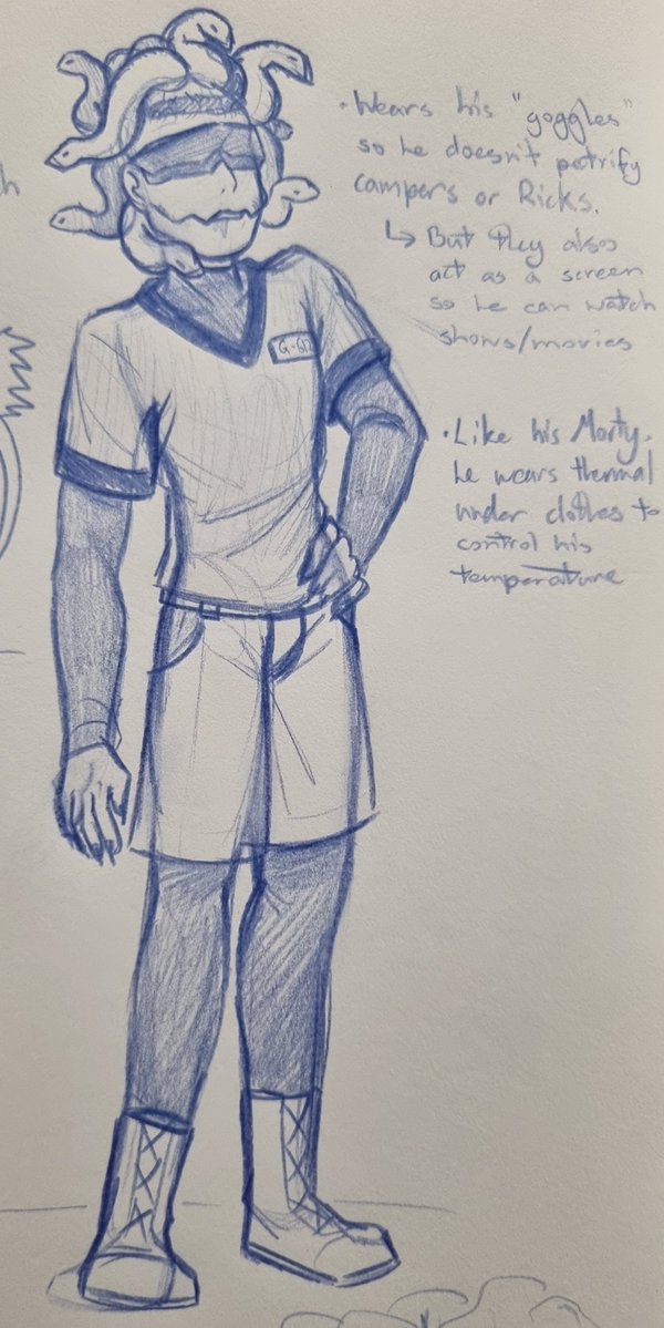 3vil3_'s tweet photo. Meet the Night-watchman at Camp, Rick G-612! Also known as "Viper". 

Since he cant use his actual eyes unless he wants to petrify campers, he uses his snakes to keep watch whole he enjoys his shows through his goggles.
(Cont in replies!)
#MortySummerCamp #RickandMorty https://t.co/XgL5TQLfE1