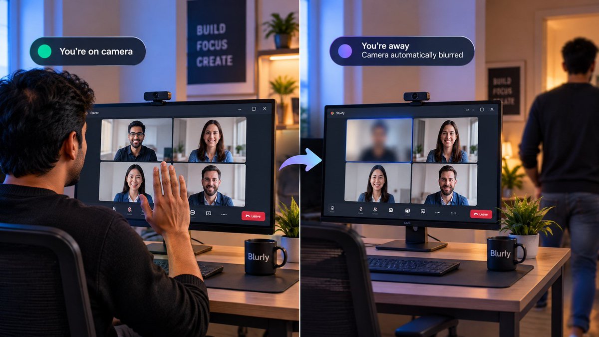 kethirabalan_tn's tweet photo. Blurly is now live on Windows!

Automatically blur your webcam when you look away + instantly mute your mic when you step away.

Works with Teams, Zoom &amp; Google Meet.

Try it → https://t.co/KkVZNDuTlv

#Windows #IndieHackers #zoom #meet #teams https://t.co/eScaQpzPjm