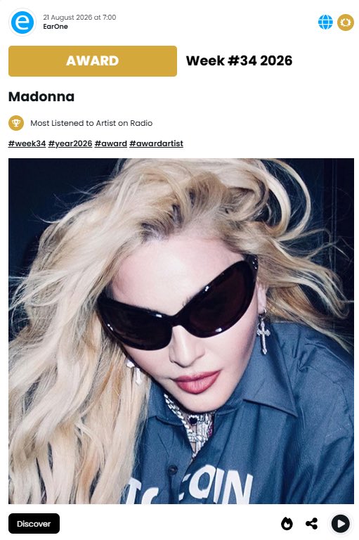 madonnaphbb's tweet photo. According to @earonemusic , last week .@Madonna was "The Most Listened to Artist" on Italian Radios! https://t.co/XOCHHCsB6V