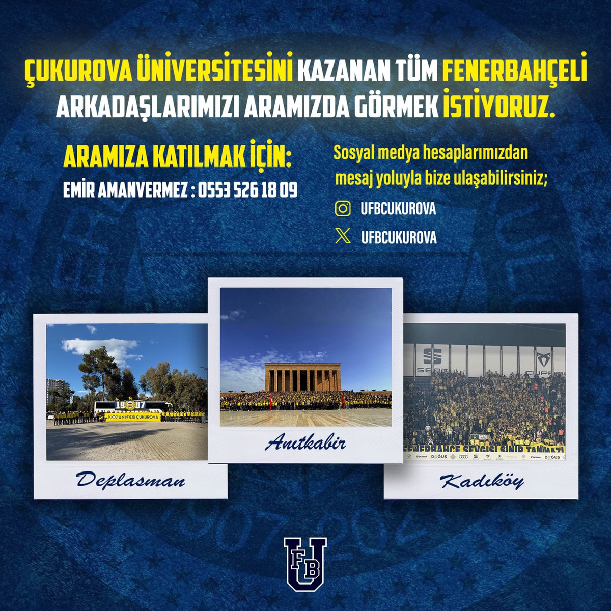 UFBCukurova's tweet photo. Çukurova Üniversitesi'ni kazanan tüm Fenerbahçeli arkadaşlarımızı tebrik ederiz. Sizleri de aramızda görmeyi bekliyoruz.
#HaydiSenDeGelKatılBize https://t.co/U2G8rFxife