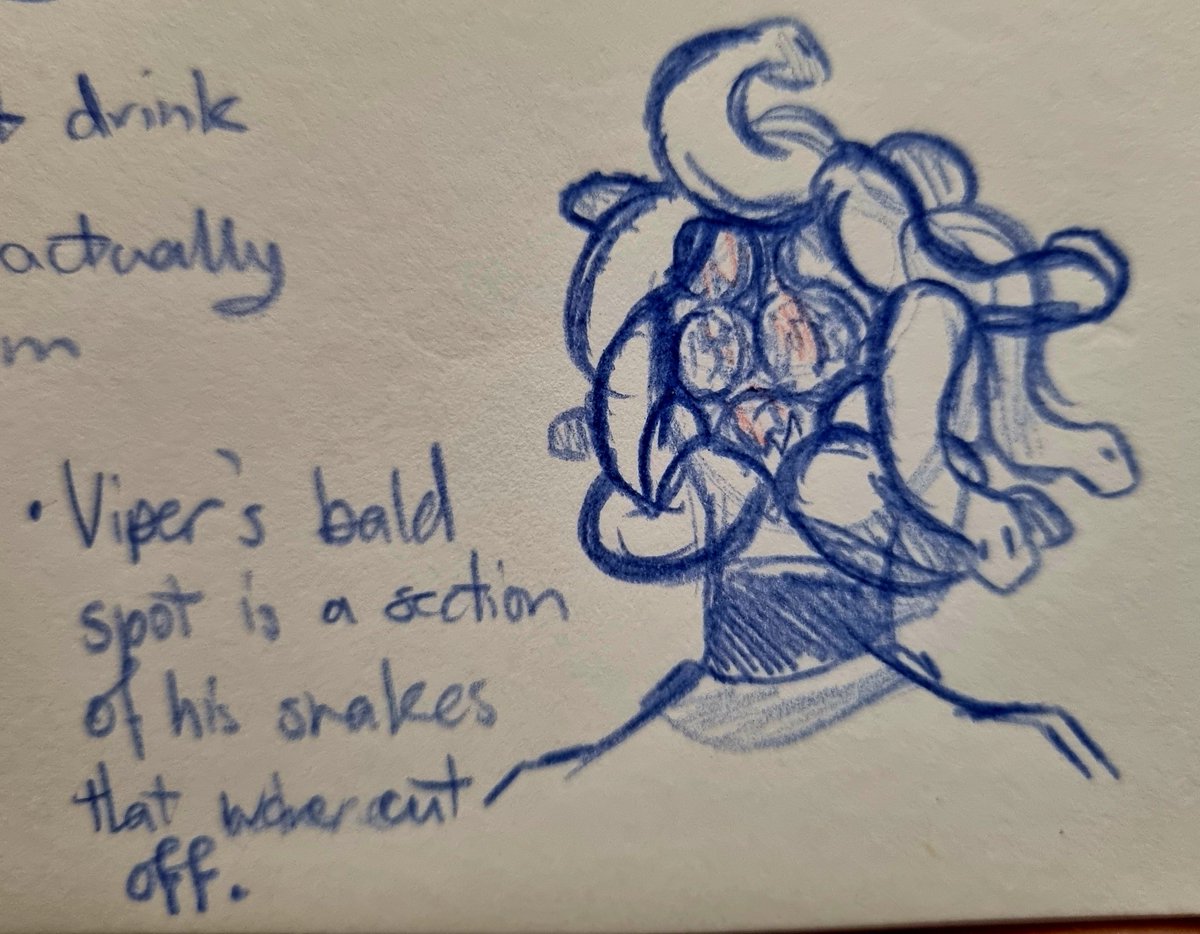 3vil3_'s tweet photo. - Viper does drink on account of alcohol reacting badly to his natural venom! His Rick-iconic drool is actually excess venom his body produces
- His bald spot is a section of his snakes that were cut off in his youth.
(2/3) https://t.co/n7bXHzrTWT
