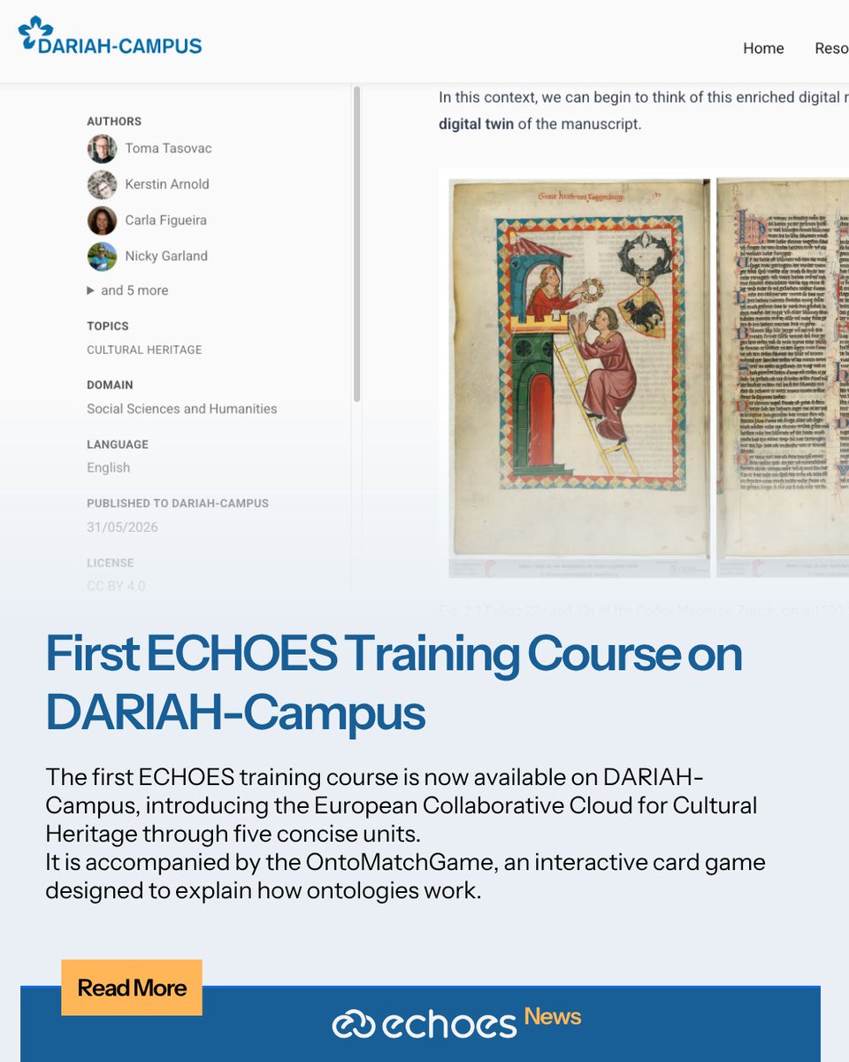 echoes_eu's tweet photo. The first ECHOES training course is live.

Introduction to the European Collaborative Cloud for Cultural Heritage, five units, now on DARIAH-Campus. Plus the OntoMatchGame, a card game for learning ontologies.

Free and open to anyone.

#EchoesEccch #CulturalHeritageCloud https://t.co/uM0ouT4zLW