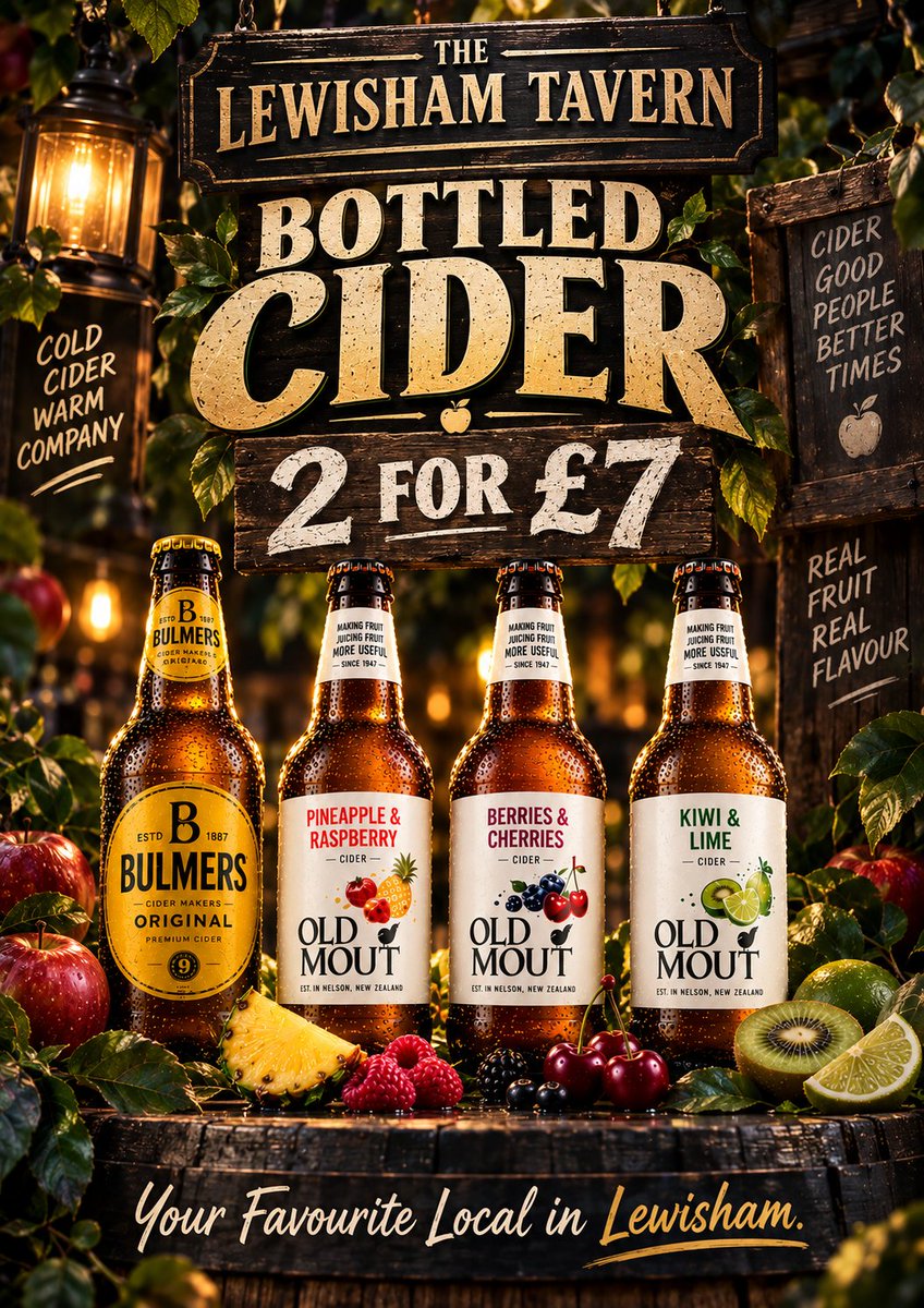TavernLewisham's tweet photo. Dark orchard. Cold bottles. Questionable decisions. 😏🍻

Bottled Cider is 2 for £7 at The Lewisham Tavern — Bulmers Original and Old Mout favourites glowing nicely in the shadows.

Come for one. Stay for the gossip.

#LewishamTavern #Lewisham #BottledCider #PubDeals #CiderTime https://t.co/NJ3cG6nKJN