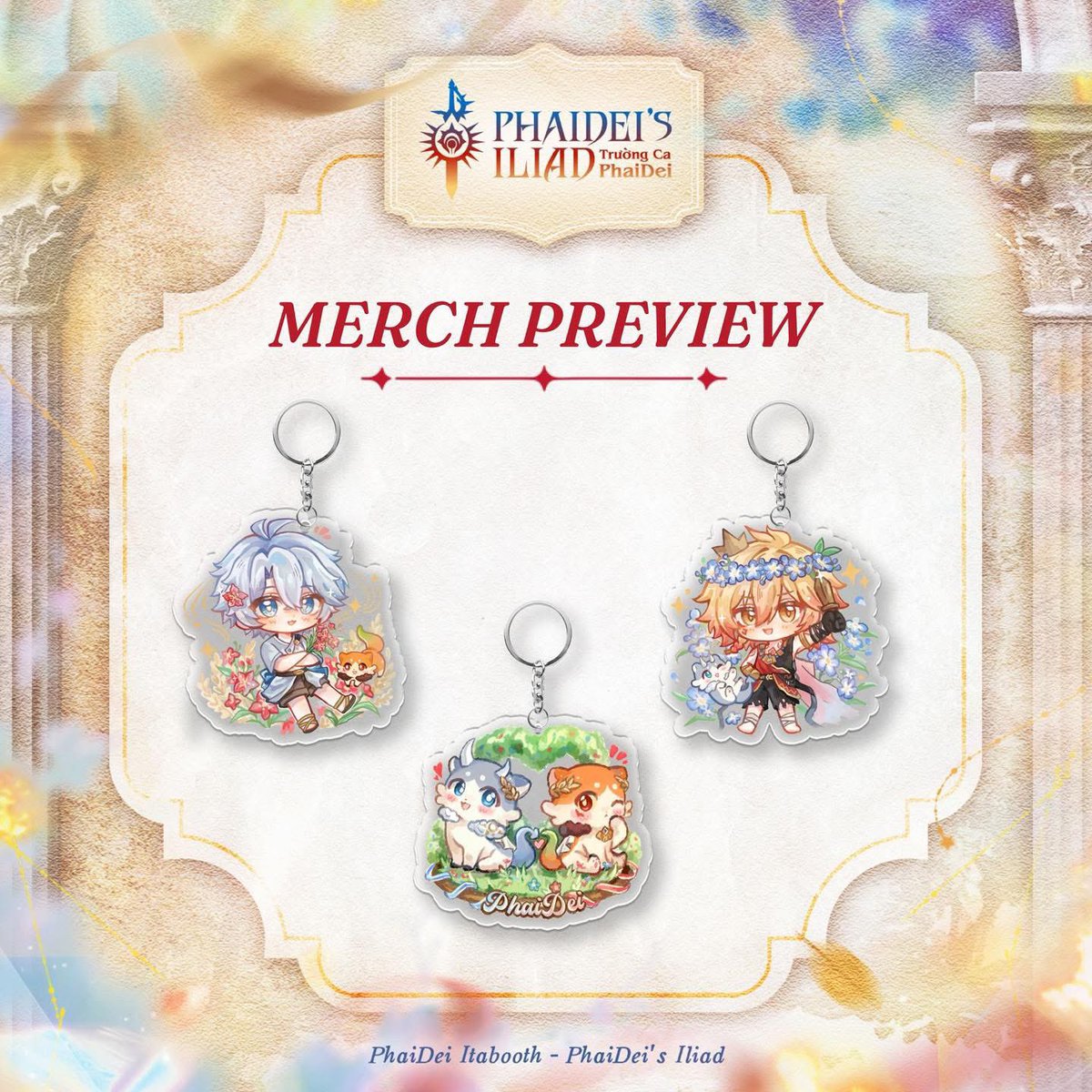 PhaiDeisIliad's tweet photo. [Merch Preview] ☀️Keychains &amp; Block🍷

We are honored to present to you two fragments of our PhaiDei’s Epic, drawn with so much love from Hotpot Vương Tổng &amp; Thực Tại. Let’s look forward to all the gifts for donors that we will soon reveal 💕

#phaideiitabooth #phaideisiliad https://t.co/XGk8HhCkwO
