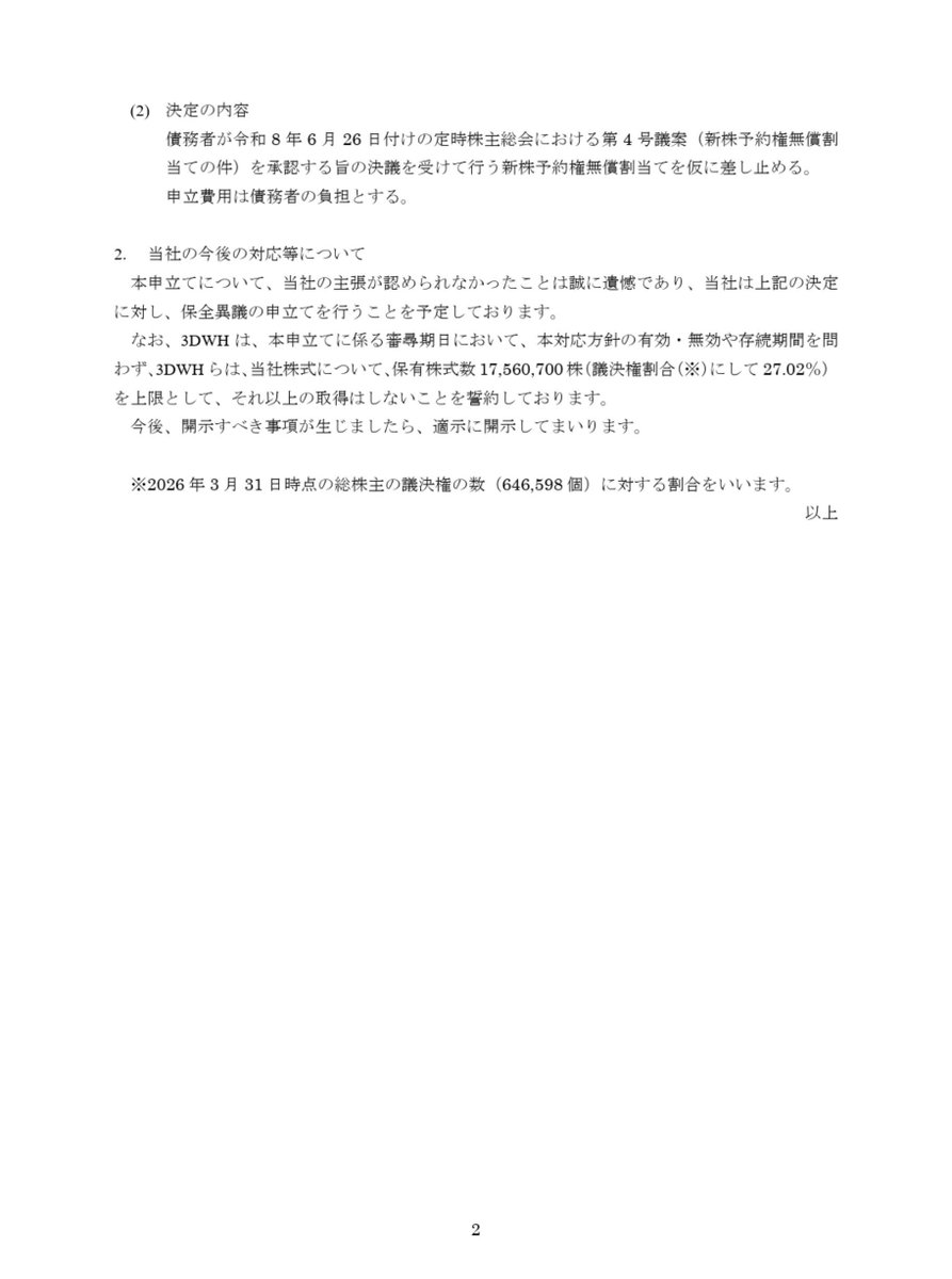 actvmda_info's tweet photo. 3Dによる東邦HD買収防衛策差止め申し立ての裁判
差止めが認められました
プレーンな有事型防衛策（共同協調行為の認定等はなし）で、株主総会決議も経ている防衛策が差止められるのはショッキングな判決
買収防衛策の実務に大きな影響がありそう https://t.co/KNDbE4MFWy