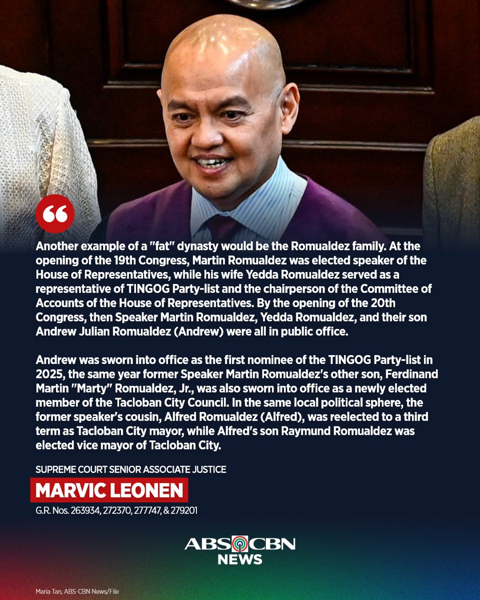 ABSCBNNews's tweet photo. Isa umano sa kilalang "fat" dynasty sa bansa ang mga Romualdez, na may puwesto mula sa kina dating speaker at Leyte Rep. Martin Romualdez, kaniyang mga anak sa Kamara hanggang sa lokal, ayon sa isang mahistrado ng Korte Suprema. https://t.co/VrY2WI7lFq