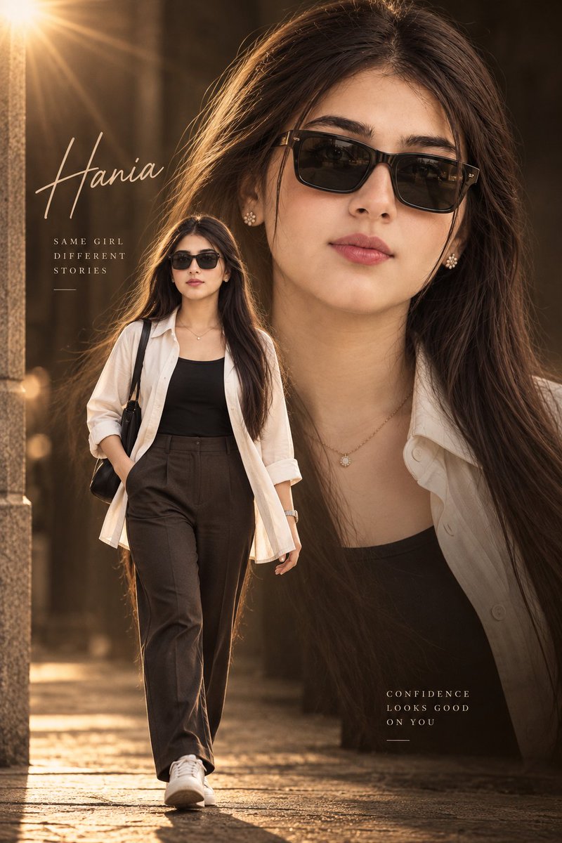 Techbyhani's tweet photo. GPT IMAGE 2 

Prompt:
A dramatic double-exposure style composite image featuring a young woman with natural facial features and a confident, elegant look.

Foreground/Smaller Figure: A full-body shot of the woman walking towards the viewer, wearing a stylish light-colored open button-up shirt over a fitted dark top, elegant dark straight-fit trousers, and clean white sneakers. The outfit is fashionable, modern, modest, and feminine. Her hair is open and naturally styled. She is wearing dark rectangular sunglasses. The lighting is focused on her, creating a subtle glowing effect around her figure.

Background/Larger Figure: A super close-up, high-contrast, head-and-shoulders portrait of the same woman, dominating the frame. She is wearing the same outfit, with the shirt collar clearly visible, and dark rectangular sunglasses. Preserve her exact facial identity, facial structure, skin tone, and recognizable features from the reference photo.

Style/Mood: Moody, cinematic, elegant, and high-fashion portrait photography. Warm sepia-toned color palette with deep shadows in dark brown, cream, and subtle golden tones. A bright lens-flare-like sunburst/halo effect appears in the top-left corner, creating a dramatic cinematic light source. Sophisticated editorial fashion photography, realistic skin texture, sharp details, natural proportions, premium professional photography, seamless double-exposure composition.

Composition: The large close-up portrait should dominate the background while the smaller full-body figure walks naturally in the foreground. Both figures must clearly be the same woman. Balanced composition, dramatic depth, realistic lighting, cinematic atmosphere.