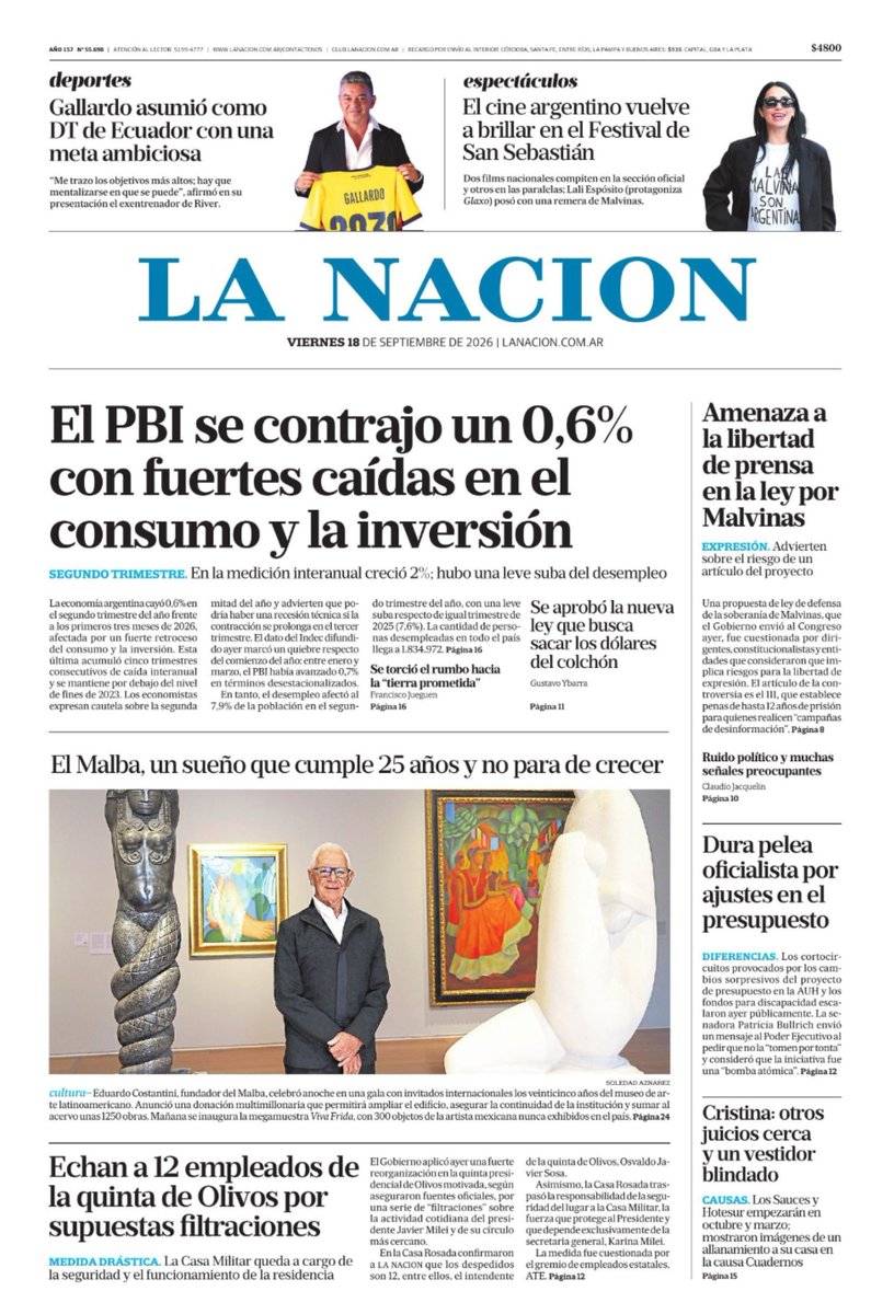 jotaalonso's tweet photo. Viernes. Los evasores al Fisco festejan por "inocencia fiscal". El Estado no recauda dinero de los ricos, son los más pobres los que soportan la peor carga de impuestos. En tanto, el gobierno propone crear una Gestapo del pensamiento con la delirante excusa del "terrorismo". 
Página/12 revela la verdadera cara de Javier Gerardo Milei y su plan de Seguridad Nacional. La Nación alarma por la amenaza a la libertad de expresión y de prensa. Clarín visualiza
"confianza" entre la gente. El Grupo de Héctor Magnetto hace periodismo quiromante y de guerra. Y como era obvio atizan el fuego de las causas inventadas contra CFK para culminar de suprimirla. No es ella sola la persona presa: la sociedad (si existe aún una sociedad) está en libertad condicional ante el Consejo de Seguridad Nacional y el arribo de las fuerzas armadas a la Seguridad Interior. Un proyecto de Ley promovido por el Poder Ejecutivo que viola la reforma constitucional de 1994. 
No se trata de perros o de despidos en la Quinta de Olivos: está en severo riesgo el sistema democrático y el gobierno lanza una cacería antes de las próximas elecciones. 
El experimento liberal libertario se basa en el control de las emociones de los sujetos en base a la muerte de la subjetividad. Un plan criminal. La neolengua y las acciones concretas de Javier Gerardo Milei atentan contra jubilados, jóvenes vulnerables, docentes y estudiantes universitarios y personas con diversas discapacidades. 
Un sistema de exterminio.