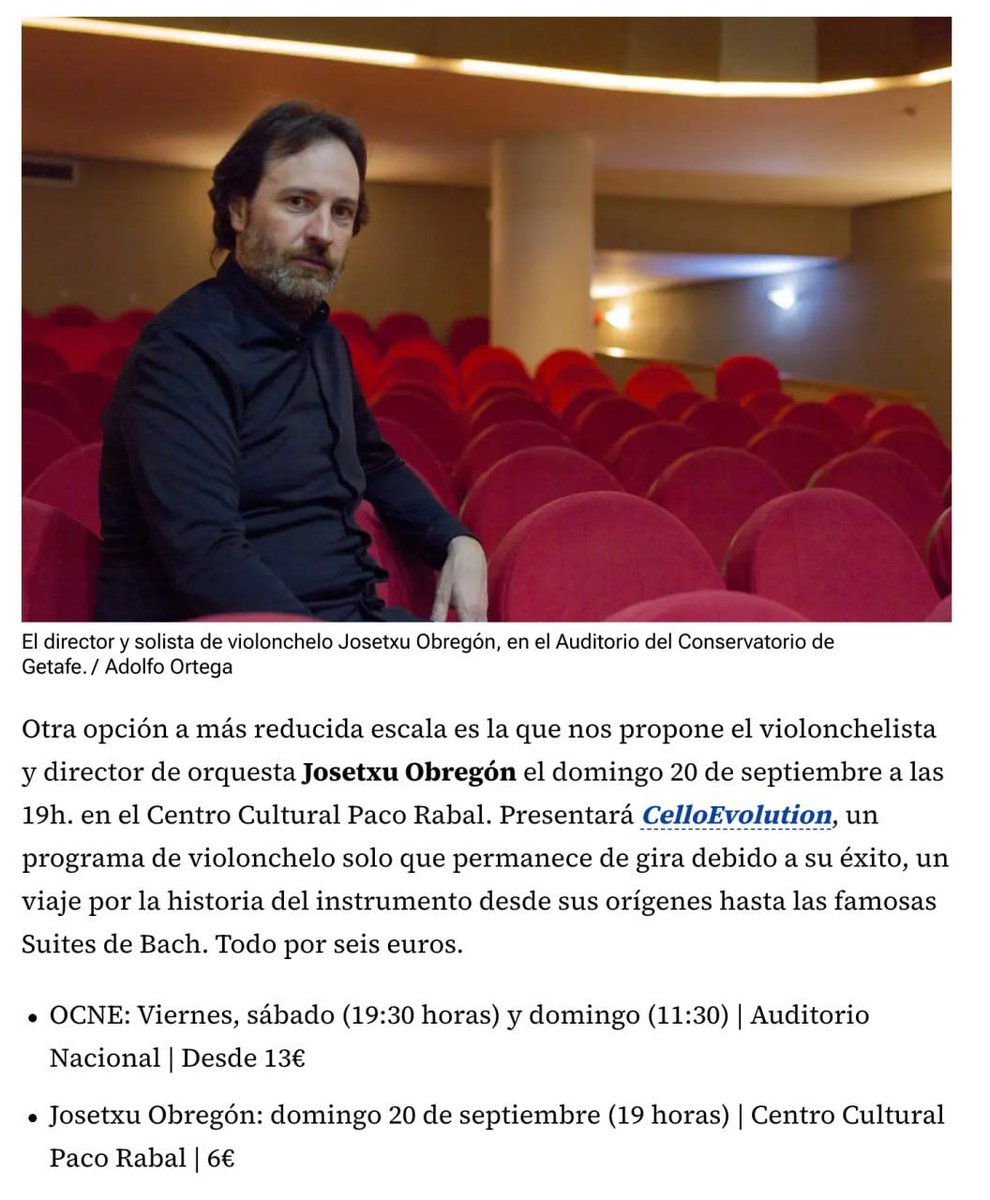 LaRitirata's tweet photo. El recital "CelloEvolution" de @josetxuobregon del próximo domingo 20 de septiembre (19 h.) en el Centro Cultural Paco Rabal de Madrid entre las recomendaciones de conciertos del diario @20m para este fin de semana.

https://t.co/R55TEOkGWd https://t.co/CxeBPPMTLY