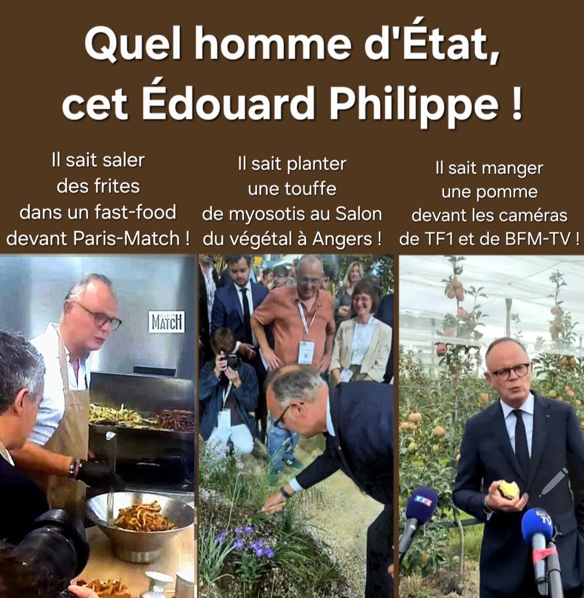 f_asselineau's tweet photo. 🔨 𝗟𝗘𝗦 𝗠𝗘𝗗𝗜𝗔𝗦 𝗗𝗘𝗦 𝗠𝗜𝗟𝗟𝗜𝗔𝗥𝗗𝗔𝗜𝗥𝗘𝗦
𝗣𝗜𝗟𝗢𝗡𝗡𝗘𝗡𝗧 𝗝𝗢𝗨𝗥 𝗔𝗣𝗥𝗘𝗦 𝗝𝗢𝗨𝗥
𝗟𝗘𝗦 𝗙𝗥𝗔𝗡𝗖𝗔𝗜𝗦 𝗔𝗩𝗘𝗖 𝗘𝗗𝗢𝗨𝗔𝗥𝗗 𝗣𝗛𝗜𝗟𝗜𝗣𝗣𝗘
Édouard Philippe n'a pas de soucis à se faire avec les journalistes mainstream.
Il n'aura aucune question sur son bilan comme Premier ministre.
❌️ Aucun compte à rendre sur les centaines de milliards de dettes supplémentaires jetées par les fenêtres.
❌️ Aucun compte à rendre sur le bilan financier et macro-économique des 80 km/h.
❌️ Aucun compte à rendre sur la suppression de l'ISF le 1er janvier 2018
❌️ Aucun compte à rendre sur la hausse de la CSG le 1er janvier 2018, avec une augmentation moyenne de +1,7 point, ventilée ainsi
- de 7,5% à 9,2% pour les revenus d'activité (salaires, primes)
- de 6,6% à 8,3% pour les pensions de retraite et d'invalidité
- de 8,2% à 9,9% pour les revenus du patrimoine
❌️ Aucun compte à rendre sur les hausses des taxes sur les carburants, qui ont été le détonateur du mouvement des Gilets Jaunes
▪️01/01/2018
+7,6 centimes/litre pour le gazole et +3,9 centimes/litre pour l'essence
▪️01/01/2019
+6,5 centimes/litre pour le gazole et +2,9 centimes/litre pour l'essence.
❌️ Aucun compte à rendre sur le nombre de Gilets Jaunes éborgnés et mutilés à vie sous ses ordres.
❌️ Aucun compte à rendre sur son projet de loi présenté fin 2019 créant un système universel de retraite par points et un «âge pivot» à 64 ans.
❌️ Aucun compte à rendre sur sa gestion du Covid, les injections ARNm forcées et les atteintes aux libertés publiques.
❌️ Aucun compte à rendre sur son empoisonnement au Rivotril des personnes âgées dans les EHPAD.
❌️ Aucun compte à rendre sur la fermeture de la centrale nucléaire de Fessenheim le 18 février 2020.
❌️ Aucun compte à rendre sur l'allégeance qu'il a faite à l'oligarchie mondiale, réunie dans le Club de Bilderberg auquel il a été invité 4 fois :
- 9 au 12 juin 2016 à l'hôtel Taschenberg de Dresde🇩🇪
- 18 au 21 mai 2023 à l'hôtel Pestana Palace de Lisbonne🇵🇹
- 30 mai au 2 juin 2024 à l'hôtel Eurostars Suites Mirasierra de Madrid🇪🇸
- 12 au 15 juin 2025 au Grand Hôtel de Stockholm🇸🇪, aux côtés de Gabriel Attal.
❌️ Aucun compte à rendre sur l'ingérence étrangère à laquelle il a accepté de se soumettre en devenant Young Leader de la French-American Foundation, promotion 2011.
❌️ Aucun compte à rendre sur la façon dont il compte gérer la France autrement qu'en obéissant docilement aux Directives de la Commission européenne, aux décisions de la BCE, aux oukases de l'OTAN et aux jugements de la CEDH.
❌️ Etc., etc.
----
En revanche tous les journalistes aux ordres vont s'extasier jour après jour, devant ses incontestables performances d'homme d'État.
Pensez donc !
😲 Il est capable de saler des frites dans un fast-food devant les photographes de Paris-Match !
C'est bien la meilleure preuve qu'il est proche du peuple.
😲 Mieux encore, il est capable de planter une botte de myosotis devant les caméras de la presse quotidienne régionale réunies au Salon du Végétal à Angers !
C'est bien la meilleure preuve qu'il est passionné par la protection de l'environnement depuis sa plus tendre enfance.
😲 Encore plus fort, iI est capable de croquer une pomme devant les caméramans de TF1 et de BFMTV, subjugués par ce tour de force !
C'est bien la meilleure qu'il aime la France et ses terroirs.
---------------
CONCLUSION
---------------
Voilà ce qu'est devenue la pseudo-démocratie française.
Un défilé ininterrompu de mises en scène factices, destinées à abrutir les Français jour après jour.
Un lavage de cerveau ininterrompu pour que, le jour du scrutin, ils aillent voter comme des zombies sous hypnose pour le candidat le plus contraire à leurs intérêts.
Il faut absolument que chaque Français appelle tous les membres de son entourage à se réveiller et à rejeter ce maléfice conçu pour leur faire élire un Macron-2.0. pour achever de détruire la France en 10 ans.
-----