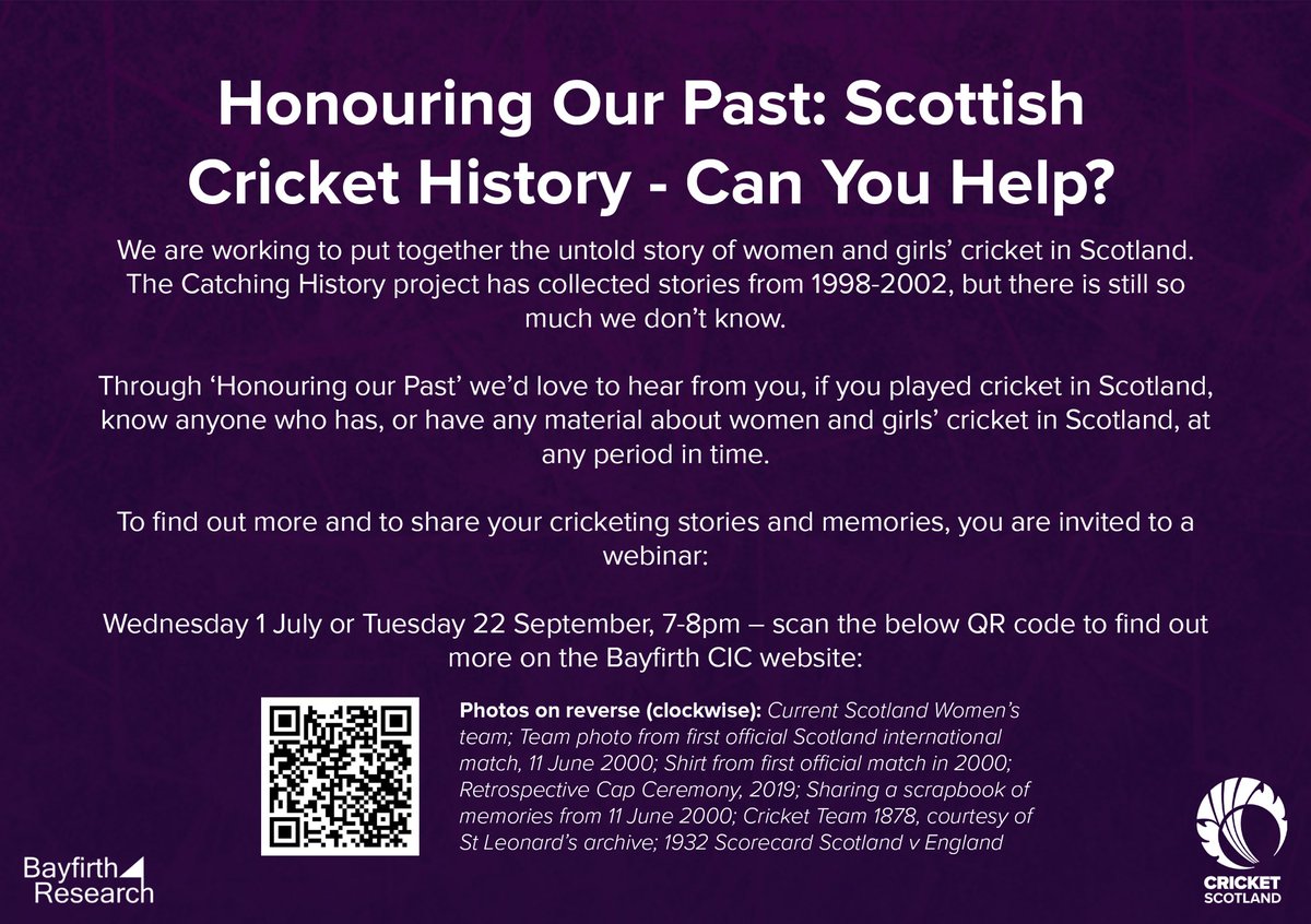 ReidDr1's tweet photo. Register for our FREE webinar on Scottish Women's Cricket  - uncovering hidden histories on Tues 22 September 7-8pm.  
Share your experiences, brainstorm research ideas and hear from one of the players from the first European Championships Team in 2001.
https://t.co/0BByJacDq9 https://t.co/5qPlTJQPdh
