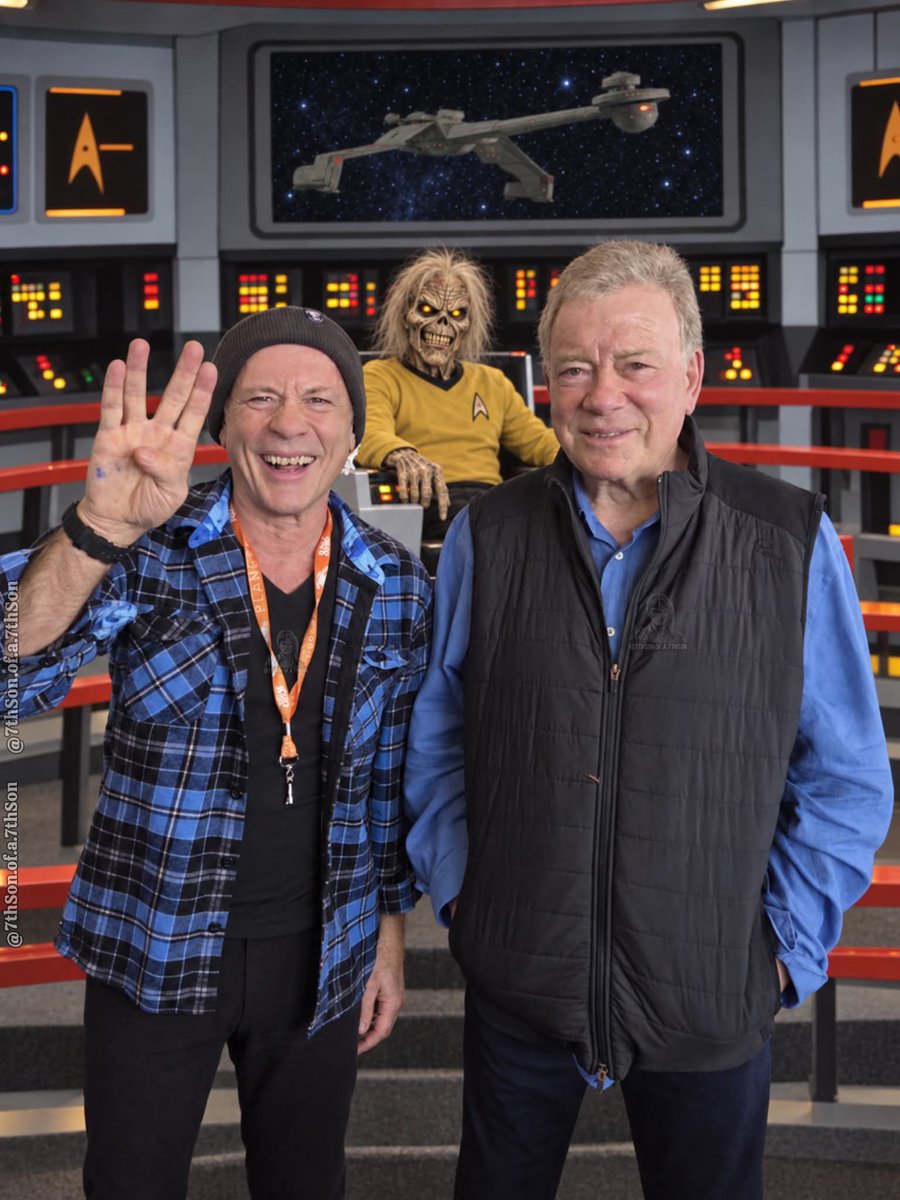 BruceDMaiden's tweet photo. Captain Dickinson meets Captain Kirk! 🖖🤘
Fifty years of Iron Maiden. Sixty years of Star Trek. And now I find myself alongside the legendary William Shatner, with Eddie taking command of the Enterprise! 🚀
What more could you possibly ask for? 😄
Which scene is your favourite? https://t.co/ht7fc6VXhr