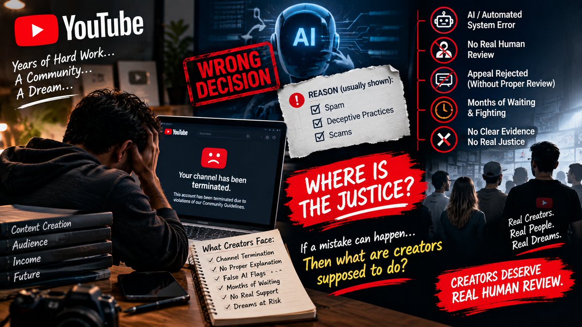abuzar_0720's tweet photo. @YouTube 

@TeamYouTube
— WHAT KIND OF JUSTICE IS THIS?

I researched this issue, and thousands of creators are facing serious problems with “Circumvention Policy” enforcement.

Some creators fight for 4–5 months or even longer, only to finally have their channels restored after being wrongly terminated.

If mistakes can happen, then why must creators lose months of their lives fighting to get basic justice?
My channel was terminated under this Circumvention Policy, even though I have committed no violation.

I have been creating on YouTube for 4 years. Years of hard work, a community, and a creator’s future should not depend on an automated decision.

@YouTube
— If creators cannot get a clear explanation, real human review, and a fair path to justice, then what are creators supposed to do? Leave YouTube after years of building their careers?

AI can assist. But creators deserve REAL HUMAN/MANUAL REVIEW.

🔗 My Channel:
https://t.co/AoeUQN3Y4A

Creators deserve answers. Creators deserve fairness. Creators deserve justice.

#YouTube #YouTubeCreators #CreatorRights #JusticeForCreators