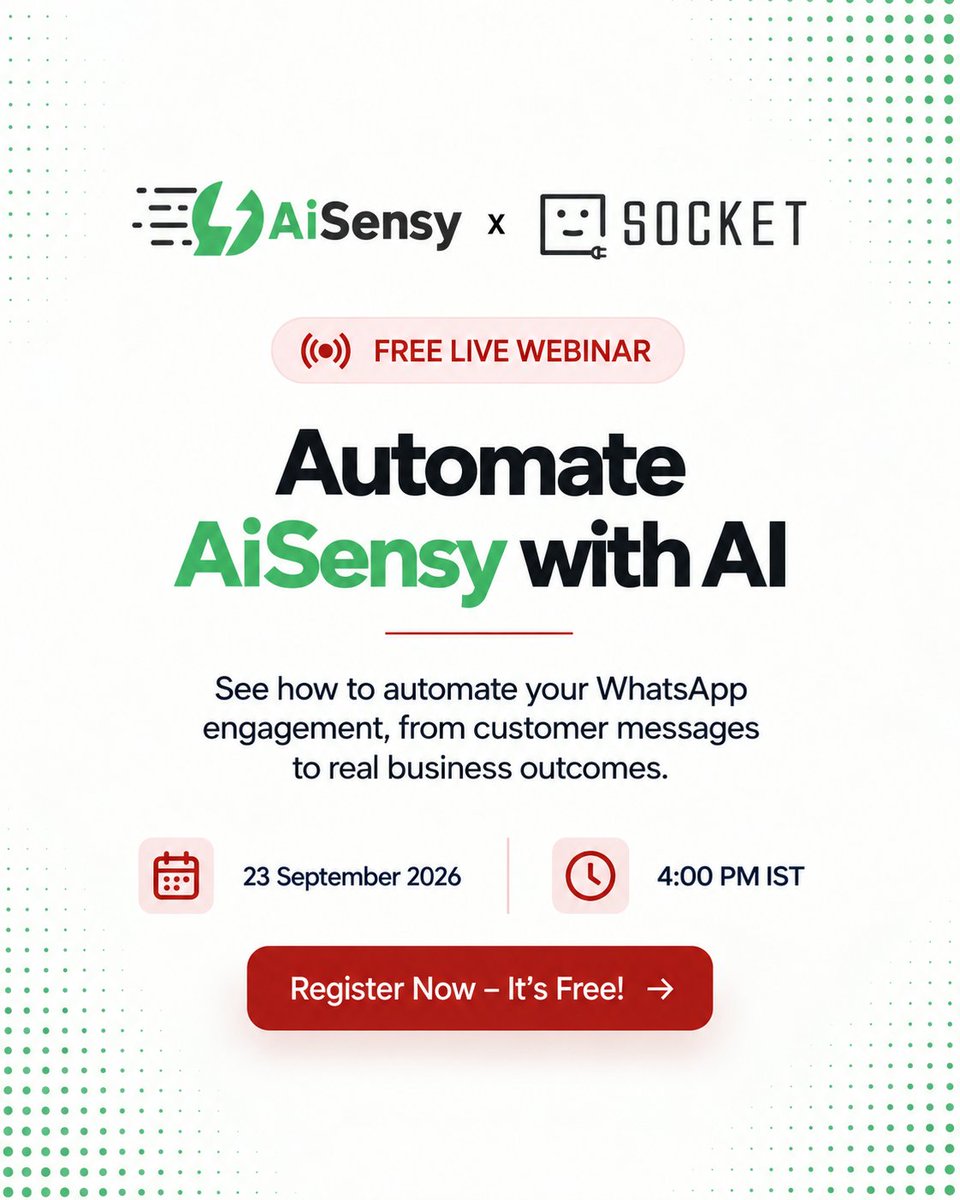 viasocket's tweet photo. @AiSensy_wa  × viaSocket | Free Live Webinar
What if your WhatsApp conversations could do more than send messages?

Join us to see how AI and automation can help turn customer messages into real business outcomes.

 • Automate WhatsApp engagement
 • Connect conversations with business workflows
 • Reduce repetitive manual work
 • Turn customer interactions into action

 23 September 2026
 4:00 PM IST
 Free to attend

Register now: https://t.co/qjrq1OSM5x

#AiSensy #viaSocket #WhatsAppAutomation #AI #MarketingAutomation #BusinessAutomation #Webinar #SalesAutomation #CustomerEngagement