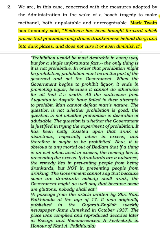 CiteCase's tweet photo. #SupremeCourt quotes Mark Twain and Nani Palkhiwala on Alcohol Prohibition: https://t.co/ESguDqOLqA