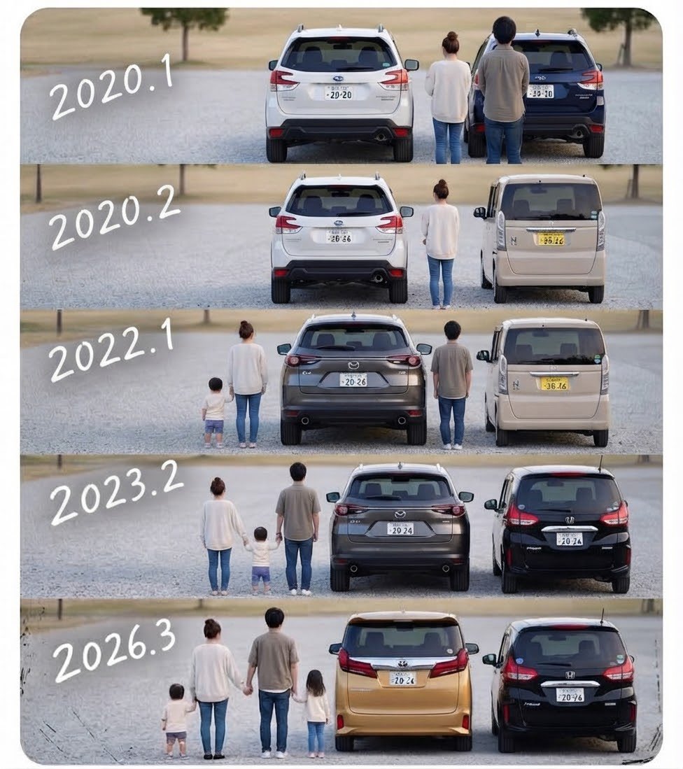 26alpha_gram's tweet photo. 流行りの愛車遍歴。すっかりフォレスターオーナーのイメージが薄くなり、ミニバンばかり乗っていますが…今でもフォレスターは好きなクルマですし、SUBARUやMAZDAも変わらずまた乗りたいです☺️※2枚目はGeminiで失敗
#フォレスター #CX8 #アルファード 
#NBOX  #フリード https://t.co/uQYs0kXDUP