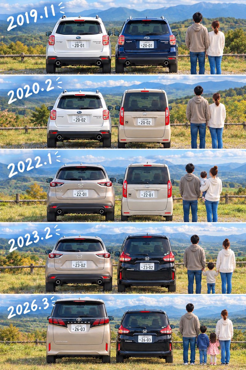 26alpha_gram's tweet photo. 流行りの愛車遍歴。すっかりフォレスターオーナーのイメージが薄くなり、ミニバンばかり乗っていますが…今でもフォレスターは好きなクルマですし、SUBARUやMAZDAも変わらずまた乗りたいです☺️※2枚目はGeminiで失敗
#フォレスター #CX8 #アルファード 
#NBOX  #フリード https://t.co/uQYs0kXDUP