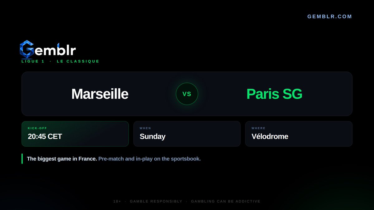 gemblr's tweet photo. Le Classique on Sunday. Marseille against Paris Saint-Germain at the Vélodrome, kick-off 20:45 CET.
The Madrid derby is earlier the same afternoon, so Sunday is a long one.
Come see: https://t.co/8pJl5ZdCSl
18+ | Gamble responsibly https://t.co/EMIW6lVTeM