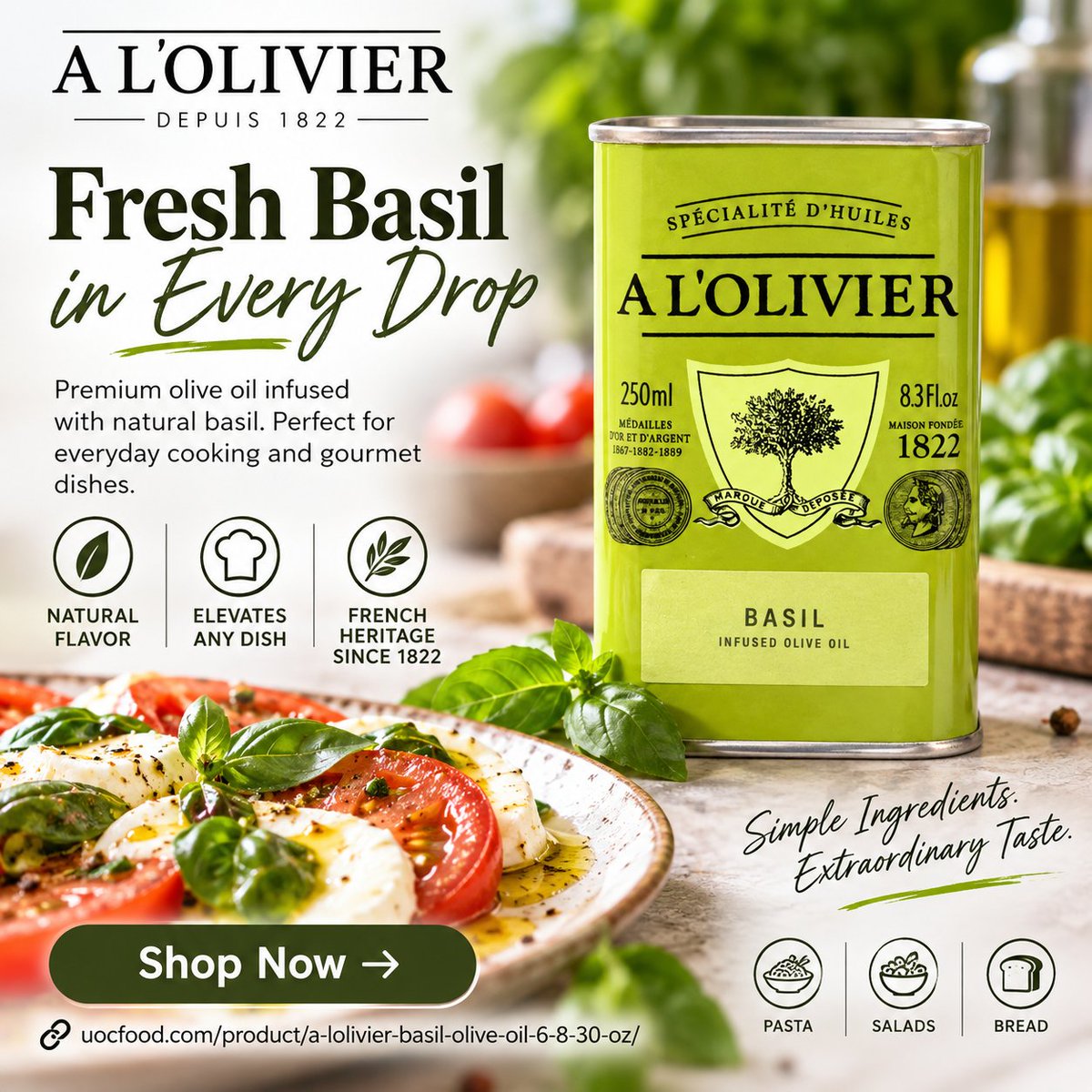 UnitedFoodCorp's tweet photo. 🌿 Give simple dishes a basil upgrade.

A L’Olivier Basil Infused Olive Oil is perfect for pasta, salads, tomatoes &amp; mozzarella, vegetables or fresh bread. 🍅🥗🍝

Simple ingredients. Extraordinary taste.

Shop here 👇
https://t.co/Wz5I10yNnL
#OliveOil #Foodie #Recipes https://t.co/NSdccmuj4C
