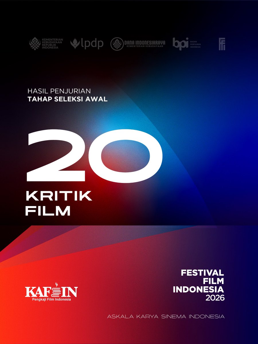 festivalfilmid's tweet photo. Pengumuman 20 Karya Kritik Film FFI 2026 - Tahap Seleksi Awal.

Festival Film Indonesia 2026 dengan bangga mengumumkan 20 karya kritik film yang berhasil lolos Tahap Seleksi Awal. https://t.co/y1cBN8tuMf