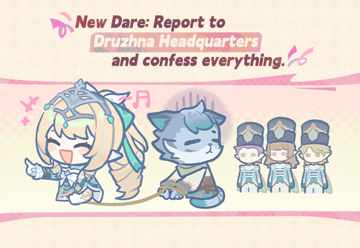 GenshinImpact's tweet photo. "Truth or Dare" | Vesna's "Interrogation" Begins
#StoriesofFrostSnow #GenshinImpact #GenshinSnezhnaya #Vesna 

"Lady Vesna has a way of making people give themselves away in casual conversation..."
A Druzhna informant with ties to a bandit gang has been exposed. Still convinced his cover is intact, he comes to collect his payment with his guard completely down. What follows is an "interrogation" disguised as an innocent game of "Truth or Dare."