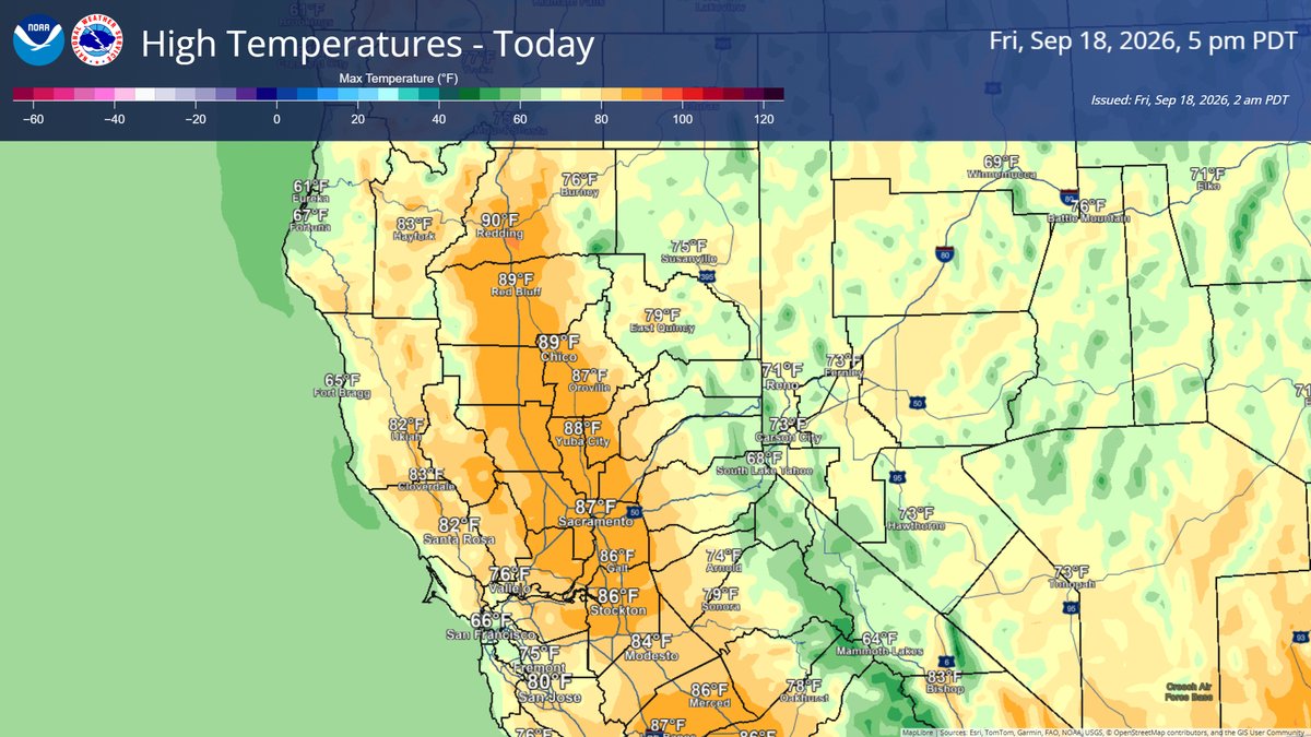 High temperatures for today, Friday, September 18, 2026. High temperatures expected to be warmer compared to Thursday. Highs in the mid to upper 80s/low 90s in the Valley, cooler 60s to 80s in the higher elevations. Warming trend expected to continue as we move into the weekend and next week. 