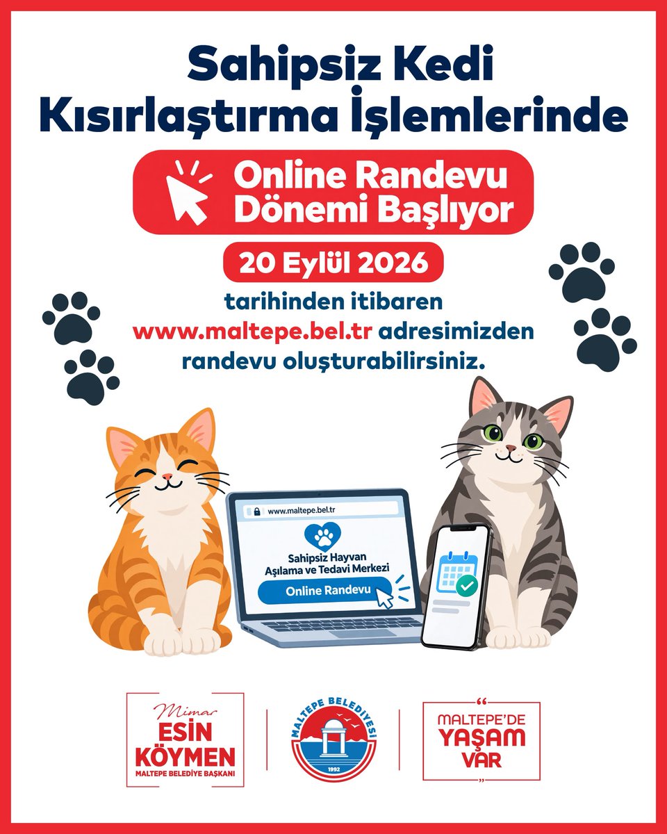 MaltepeBelTr's tweet photo. 😻 Patili dostlarımız için online randevu dönemi başlıyor!

Sahipsiz kedilerin kısırlaştırma işlemleri için 20 Eylül 2026’dan itibaren online randevu uygulamasına geçiyoruz. 

Kentimizin sevimli sakinleri, sokak kedileri için sorumluluk alan, onların yaşamına el uzatan tüm komşularımıza, iş birliği için teşekkür ederiz. 

🐈‍⬛Online randevu: https://t.co/HFlC9B1dv5

#MaltepedeYaşamVar