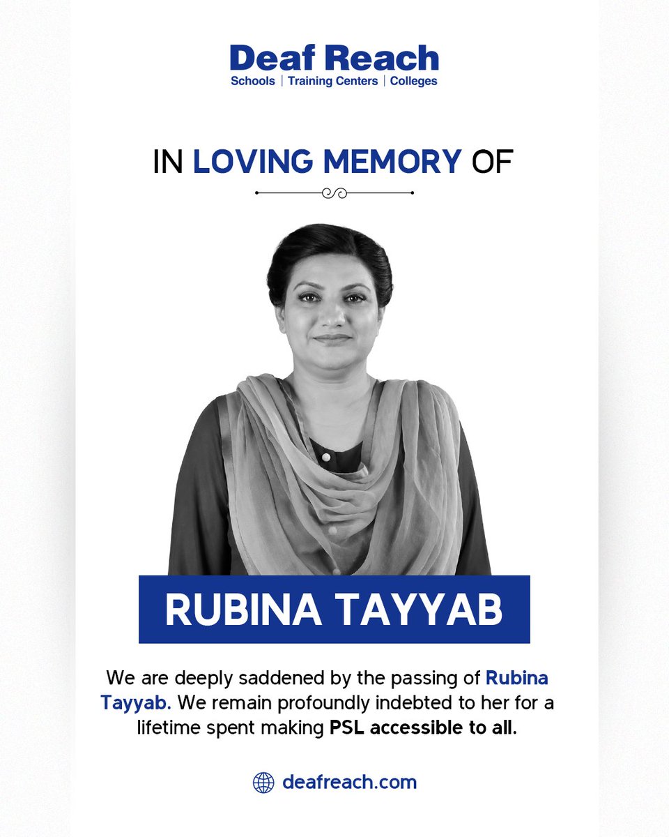 DeafPakistan's tweet photo. We are deeply saddened to learn of the passing of Rubina Tayyab last week. 

Her loss is felt not just by her family, but by an entire community she gave so much of her life to. 

Rubina featured in the very first Pakistani Sign Language (PSL) book, published in the 1980s. In the decades that followed, she played a central role in developing PSL resources—leading consultations on PSL vocabulary and appearing on camera to demonstrate signs for generations of learners. 

We are profoundly indebted to Rubina for a lifetime of tireless effort in making PSL accessible to as many people as possible. Her legacy lives on in every person she taught, and in every hand that now signs because of her.

We pray that Allah grants her the highest ranks in Jannah, and grants her family and loved ones strength and patience in this difficult time. Ameen.