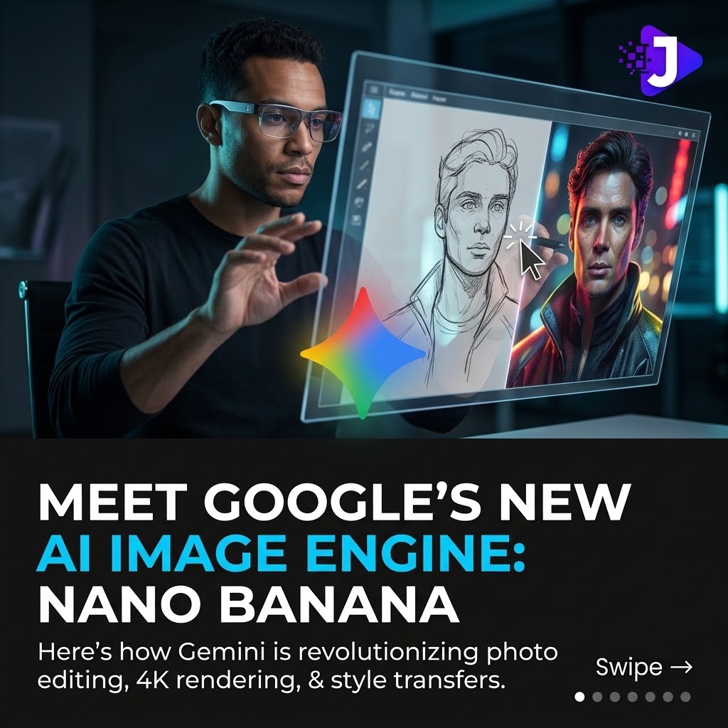 jhub_tech's tweet photo. Google Gemini’s new Nano Banana model makes AI photo editing feel like a live studio. 📸✨

From native 4K text rendering to character consistency across scenes, visual creation just got a massive upgrade.

💬 DM "NANO" to @JHUB for our full prompting &amp; editing workflow guide! https://t.co/RUjaPpBHm9
