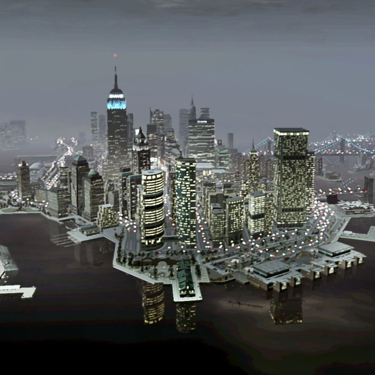 Low-detail nighttime 3D render of the leaked Liberty City skyline and waterfront.