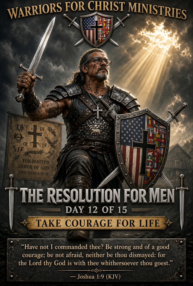 American_VET2's tweet photo. Warriors For Christ Ministries

THE RESOLUTION FOR MEN

Day 12 of 15

Brothers, courage is not a mood. It is obedience when fear still talks.

“Have not I commanded thee? Be strong and of a good courage; be not afraid, neither be thou dismayed: for the Lord thy God is with thee whithersoever thou goest.” — Joshua 1:9 (KJV)

DAY 12 — TAKE COURAGE FOR LIFE

This resolution was never meant to die on Day 15. A man of God does not try on holiness for two weeks and then fold. He plants his feet and keeps the line after the challenge ends.

“For God hath not given us the spirit of fear; but of power, and of love, and of a sound mind.” — 2 Timothy 1:7 (KJV)

Fear will offer you a quieter house, a softer feed, and a smaller God. Refuse it. The Lord did not give you that spirit. Power. Love. A sound mind. Use all three and finish what you started.

TODAY:
1. Speak Joshua 1:9 out loud in the place where fear has been loudest.
2. Do the hard thing you have delayed because it costs comfort, pride, or approval.
3. Tell one brother this resolution is not a 15-day hobby — ask him to hold you after Day 15.
4. Write the line you refuse to retreat from and keep it where you will see it.

Father, put steel in these men. Drive out the spirit of fear. Give them power to obey, love that does not quit, and a sound mind that will not bargain with the dark. Make this resolution a life, not a season. In Jesus’ name. Amen.

Stand strong. Advance the Kingdom.

OG American Vet (John)
@American_VET2
🙏🏻✝️🛡️⚔️💜
Warriors For Christ Ministries