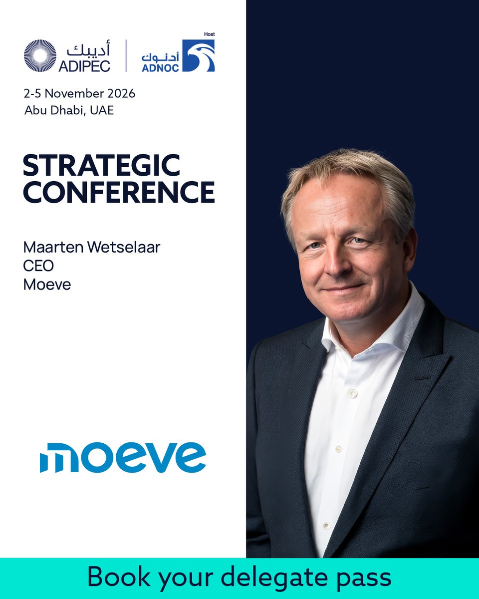 ADIPECOfficial's tweet photo. ADIPEC is pleased to welcome Maarten Wetselaar, CEO of Moeve, to ADIPEC 2026, where he will join global energy leaders addressing the priorities shaping the industry’s future.

Changing customer needs, new technologies and evolving market conditions are reshaping how energy companies create and deliver value. ADIPEC will provide a platform to explore the investment, innovation and partnerships supporting competitive, resilient and future-ready businesses.

Join 1,800+ speakers and 16,500+ delegates at ADIPEC in Abu Dhabi from 2-5 November 2026. Register as a delegate: https://t.co/CxOakqnesG 

#ADIPEC #ADNOC #EnergyLeadership #EnergyInvestment #GlobalStrategy #EnergyCollaboration