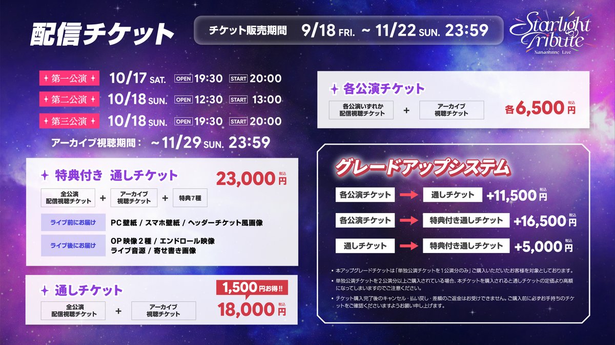 774inc_official's tweet photo. ▼ チケット詳細はこちら❕
￤🎫 https://t.co/WL2VcyIY1r
￤❶ プレミアム通しチケット（デジタル特典付き）
￤❷ 全公演通しチケット
￤❸ 各公演チケット（全3種）
￤└ 2.3はグレードアップチケットあり

▼ 各公演詳細はこちら❕
￤✧ 第1公演：10月17日(土) 20:00〜
￤✧ 第2公演：10月18日(日) 13:00〜
￤✧ 第3公演：10月18日(日) 20:00〜

▼ 各公演出演者はこちら❕
✧ 第一公演
￤堰代ミコ/島村シャルロット/季咲あんこ
￤月野木ちろる/蛇宵ティア/家入ポポ
￤瑚白ユリ/天絆ささは

✧ 第二公演
￤杏戸ゆげ/花奏かのん/柚原いづみ
￤風見くく/飛良ひかり/天羽衣
￤日向ましゅ/羽流鷲りりり
￤緑青くれは/ここ・じぇす汰/漆瀬レイ（Live2D出演）

✧ 第三公演
￤宗谷いちか/龍ヶ崎リン/瀬島るい
￤湖南みあ/茜音カンナ/幽音しの
￤汐鳴みりね/アズリ（Live2D出演）

 🔖 #ななしライブ