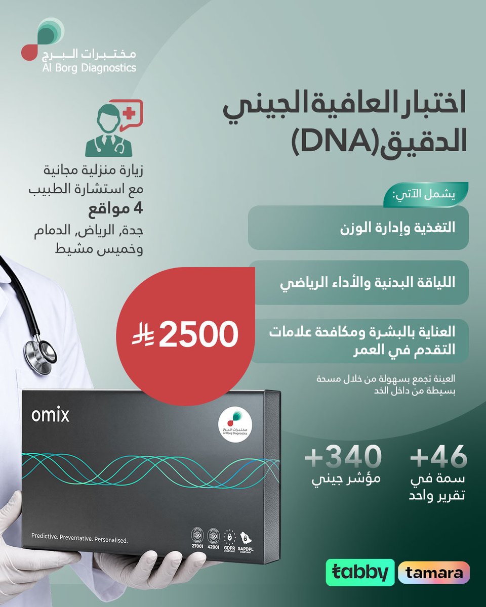 alborgDX's tweet photo. Discover the DNA Wellness Test from Al Borg Diagnostics and explore 340+ genetic indicators and 46+ traits across:
🏠 Free Home Visit
👨⚕️ Post-test consultation
📍 Available in Jeddah, Riyadh, Dammam & Khamis Mushait
#AlBorgDiagnostics #DNAWellness #GeneticTesting https://t.co/Oz7uzA1z2Y