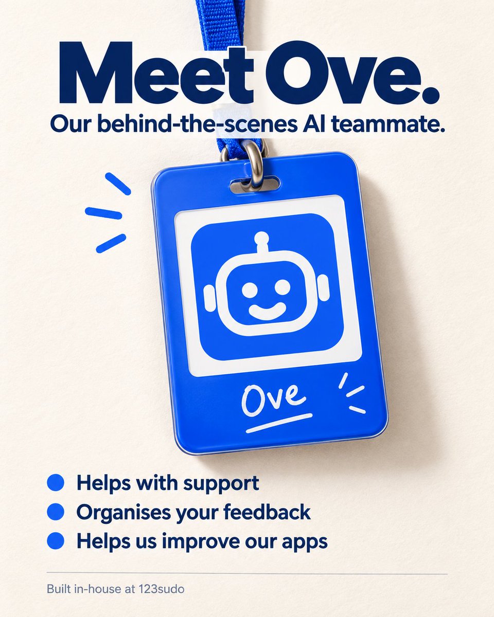 123sudoapps's tweet photo. Meet Ove, our behind-the-scenes AI teammate. 👋

Built in-house at 123sudo to help prepare support replies, organise your feedback and improve our apps.

Our team reviews replies and approves changes. 💙 https://t.co/tl0ObJwmUn