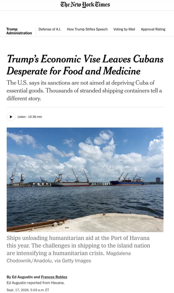 DropSiteNews's tweet photo. 🇨🇺 Washington insiders are positioning themselves to take over business inside Cuba

Trump- and Rubio-linked investors, lobbyists and political allies jockeying for access to Cuban assets as foreign companies are forced out amid Washington's maximum pressure campaign. Reporting from Ed Augustin and Lee Schlenker for The Guardian points to potential deals involving mining, hotels, shipping, humanitarian aid and other sectors, while foreign companies pushed out by US sanctions leave openings for US-linked investors and businesses.

“If I had done during the Biden administration what Trump’s friends have done now, I’d have been put in jail,” said a person with several decades of experience in Cuba policy.

Meanwhile, Washington continues to intensify sanctions aimed at forcing political change in Cuba, with Rubio announcing a new wave of sanctions on Thursday targeting state-run enterprises, military enterprises and officials. The latest sanctions come as a new report from Augustin for the New York Times reveals thousands of shipping containers—filled with food, medicine and humanitarian aid—destined for Cuba are stranded throughout the Caribbean as shipping companies aim to avoid U.S. sanctions.