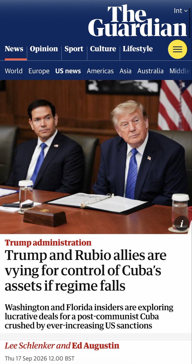 DropSiteNews's tweet photo. 🇨🇺 Washington insiders are positioning themselves to take over business inside Cuba

Trump- and Rubio-linked investors, lobbyists and political allies jockeying for access to Cuban assets as foreign companies are forced out amid Washington's maximum pressure campaign. Reporting from Ed Augustin and Lee Schlenker for The Guardian points to potential deals involving mining, hotels, shipping, humanitarian aid and other sectors, while foreign companies pushed out by US sanctions leave openings for US-linked investors and businesses.

“If I had done during the Biden administration what Trump’s friends have done now, I’d have been put in jail,” said a person with several decades of experience in Cuba policy.

Meanwhile, Washington continues to intensify sanctions aimed at forcing political change in Cuba, with Rubio announcing a new wave of sanctions on Thursday targeting state-run enterprises, military enterprises and officials. The latest sanctions come as a new report from Augustin for the New York Times reveals thousands of shipping containers—filled with food, medicine and humanitarian aid—destined for Cuba are stranded throughout the Caribbean as shipping companies aim to avoid U.S. sanctions.