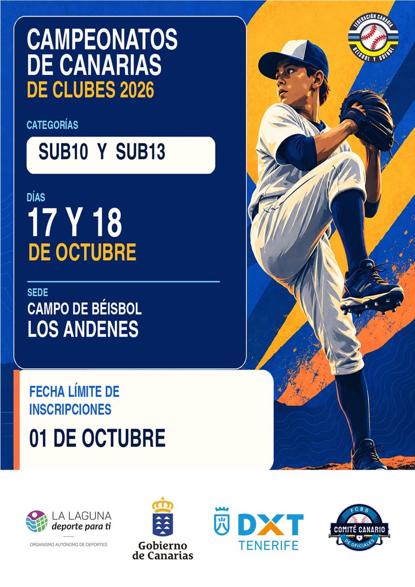 FCanariaBS's tweet photo. ⚾🏆 Campeonatos de Canarias de Clubes 2026 | Sub10 y Sub13

La Federación Canaria de Béisbol y Sófbol convoca los Campeonatos de Canarias de Béisbol Sub10 y Sub13, que se celebrarán los próximos 17 y 18 de octubre en el Campo de Béisbol Los Andenes. https://t.co/vPnUXXtH1Y