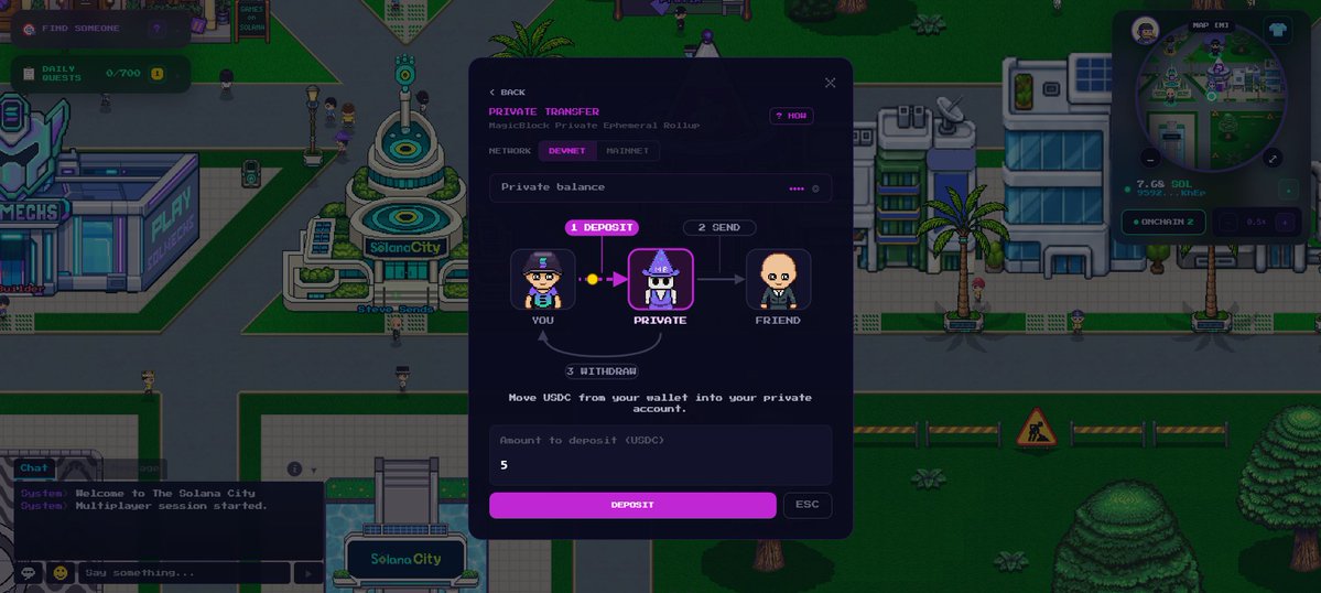 PlaySolCity's tweet photo. Solana City runs entirely onchain via @magicblock 🧙‍♂️

We created a special space for it. Our artist @theHome113 remade the building!

Now, besides allowing Private Transfers, the Magic Man also instructs developers on how to use VRF and Ephemeral Rollups on their own projects 🪄 https://t.co/9S0EJGso0a