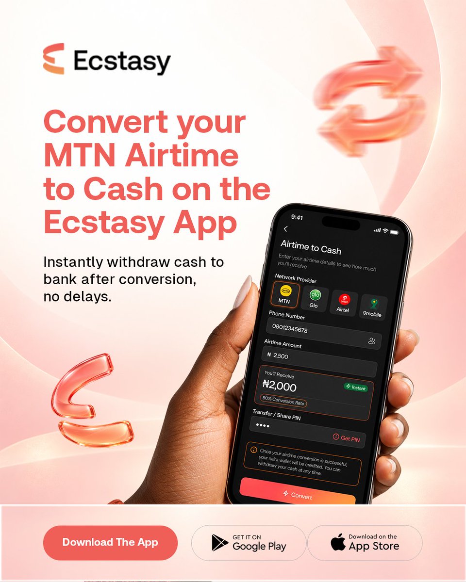 Ecstasy_app's tweet photo. * Convert crypto to Naira
* Airtime to Cash
* Virtual Dollar Card
All on the Ecstasy App
#airtimetocash #cryptotonaira #cryptotocash #ecstasyapp #virtualcard https://t.co/ChN6rLgsCo