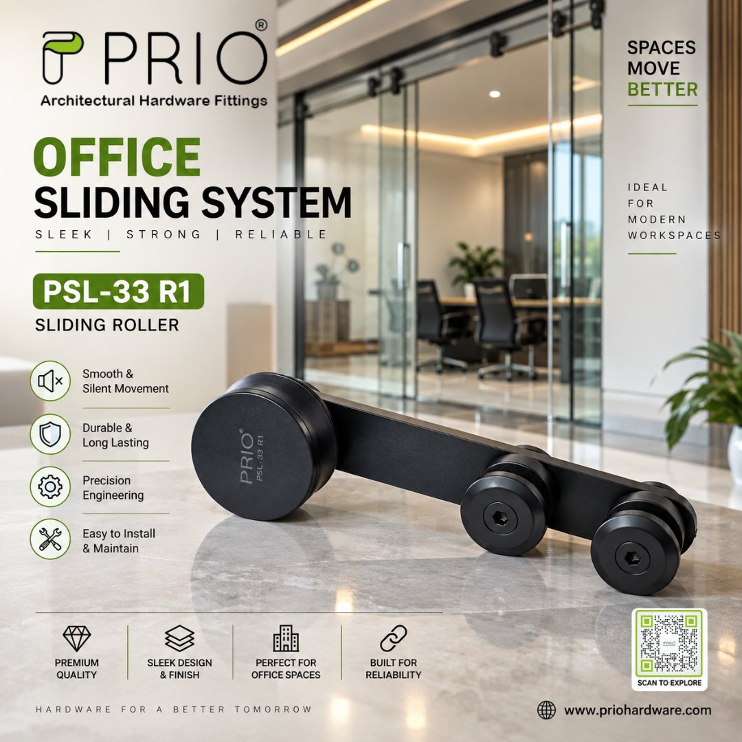 prio_india's tweet photo. Upgrade modern workspaces with PRIO Office Sliding System – PSL-33 R1 Sliding Roller. Designed for smooth, silent movement, durability, precision engineering, and easy installation—
#PRIOHardware #OfficeSlidingSystem #ArchitecturalHardware #SlidingDoorHardware #ModernWorkspaces https://t.co/xGCwjQzY2L