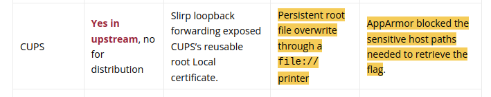 rdjgr's tweet photo. Interestingly this is a very similar primitive to one of the "unexploitable" dead ends in @trailofbits recent article about sandbox escapes. (although this is a slightly different bug)

It did take some manual nudging for me to convince 5.6-sol that AppArmor could be bypassed :) https://t.co/QPRTbEoMfU