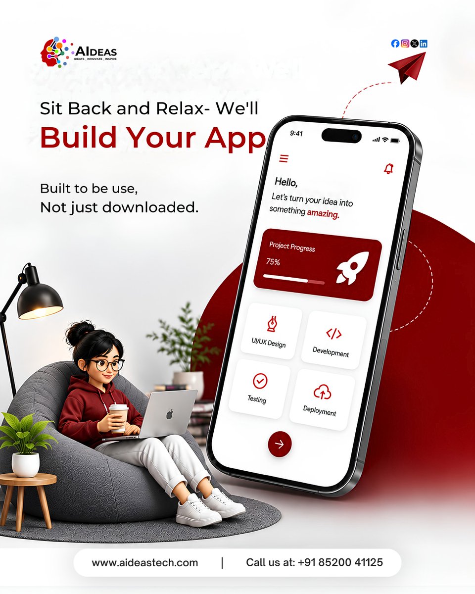 AIdeastech's tweet photo. Sit Back &amp; Relax —We’ll Build Your App.📱✨

From idea to launch, AIdeas Tech turns your vision into powerful, user-friendly mobile and web applications built for real business growth.

🌐https://t.co/SzLX5j1aSg
📞+91 85200 41125

#AIdeasTech #AppDevelopment #MobileAppDevelopment https://t.co/IHQYOiN8oV